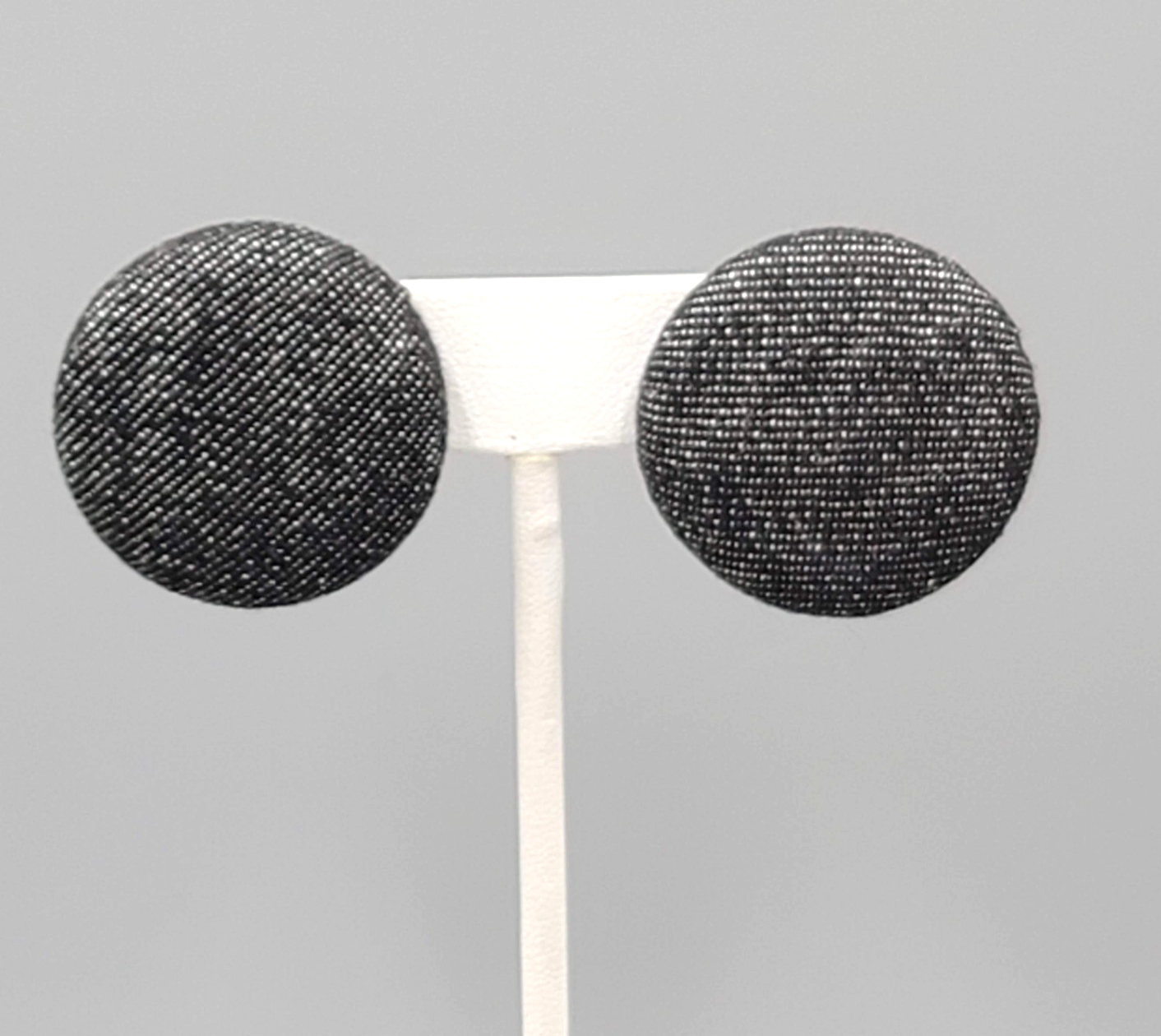 Vintage Black Denim Clip on Earrings Round Drop 1 1/8"