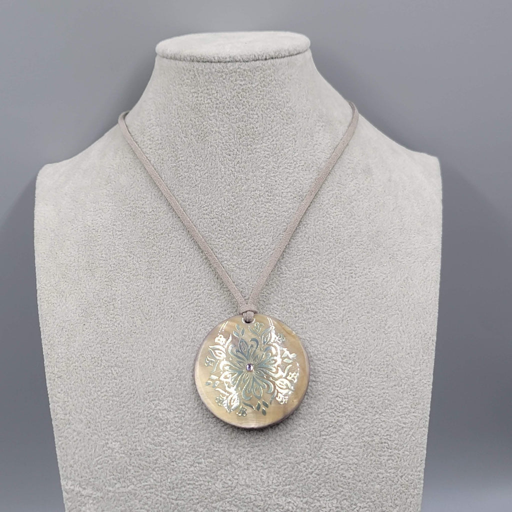 Round Shell Pendant Necklace Gray Leather Cord 16"