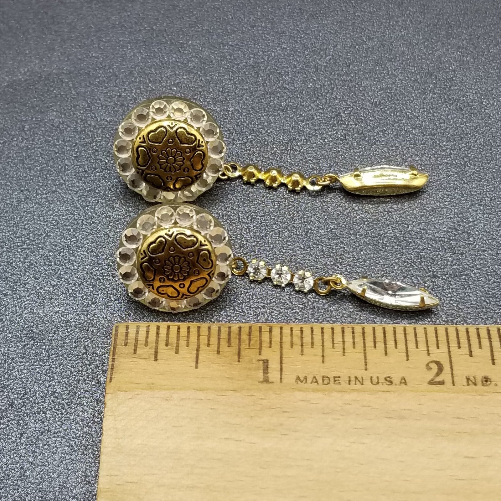 Pierced Earrings Gold tone Heart Flower Button Faceted Crystal Dangle 2 1/4"