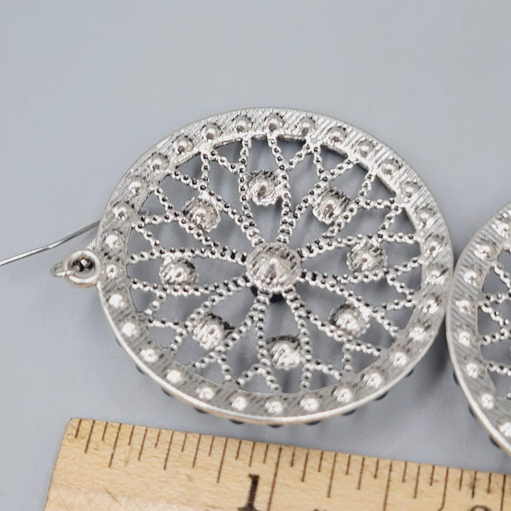 Round Blue Bead Dangle Pierced Earrings Silver Tone Statement 1.5"