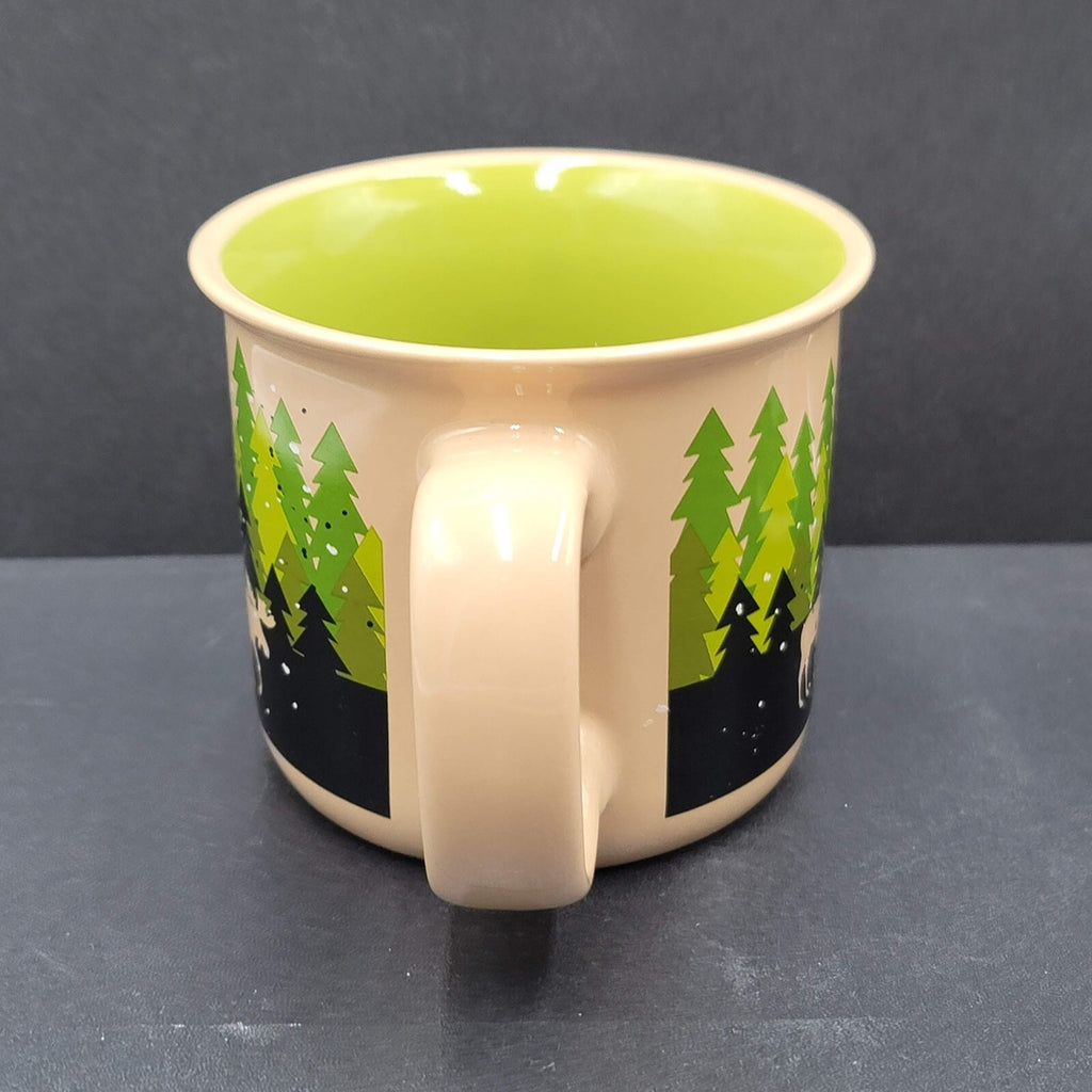 Lazy One Mug Tan Green Snowy Woodland Trees Moose Coffee Cup