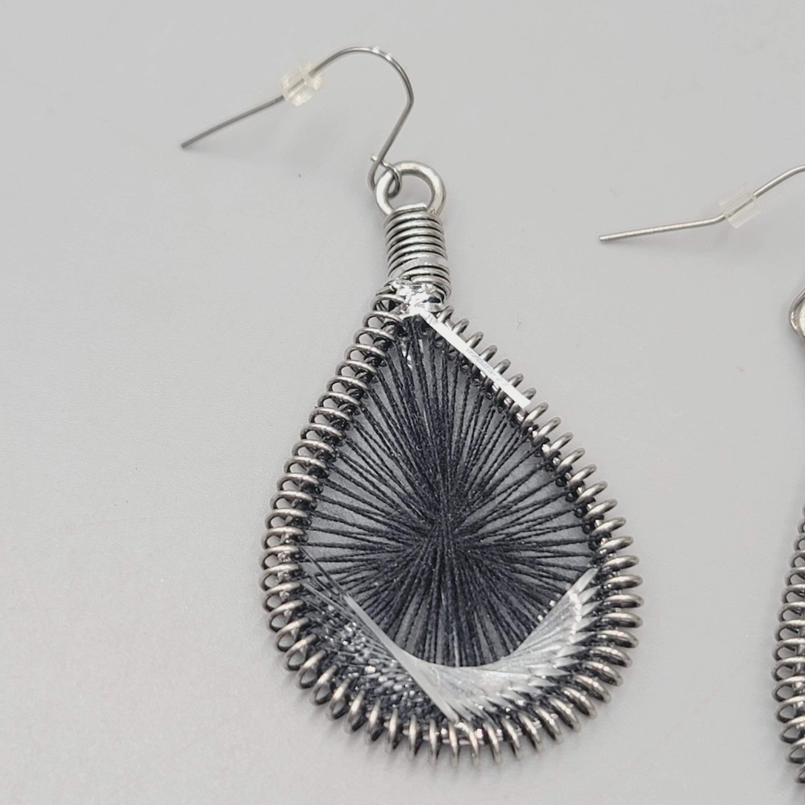 Teardrop Black String Art Pierced Earrings Silver tone Dangle 2"