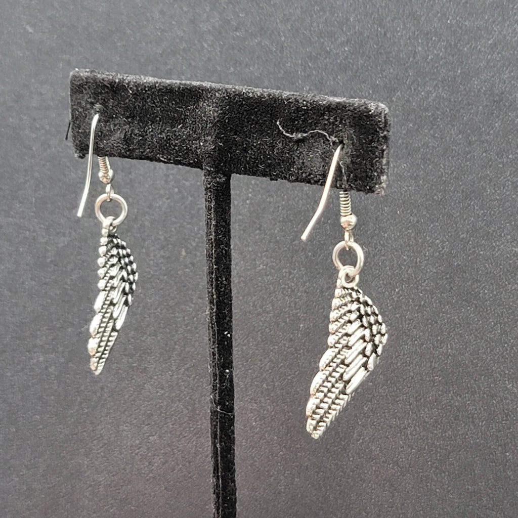 Pierced Earrings Silver tone Detailed Wings Dangle 1 1/8"
