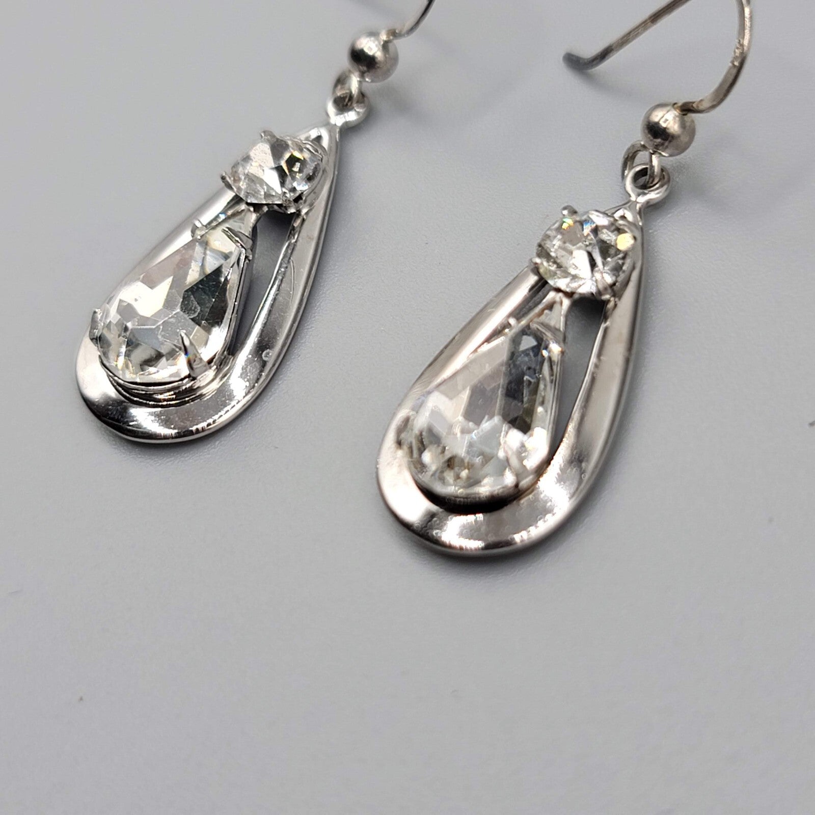 Dangle Crystal Pierced Earrings Silver tone Teardrop Sterling Hooks 1 1/8"