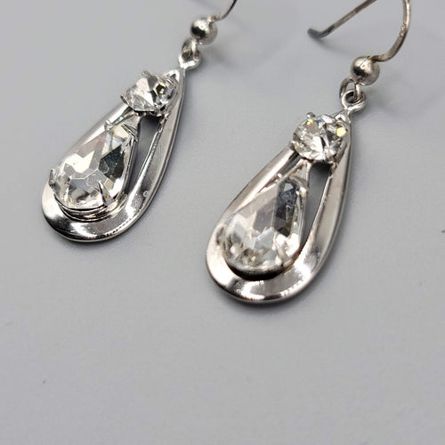 Dangle Crystal Pierced Earrings Silver tone Teardrop Sterling Hooks 1 1/8"