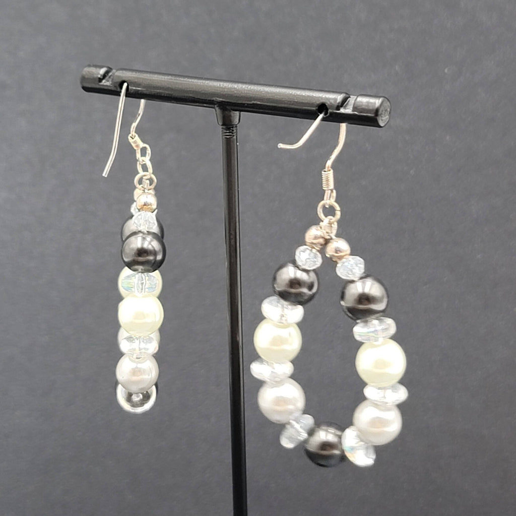 Pierced Earrings Black White Clear Beads Dangle Hoops Silver tone  1.75"