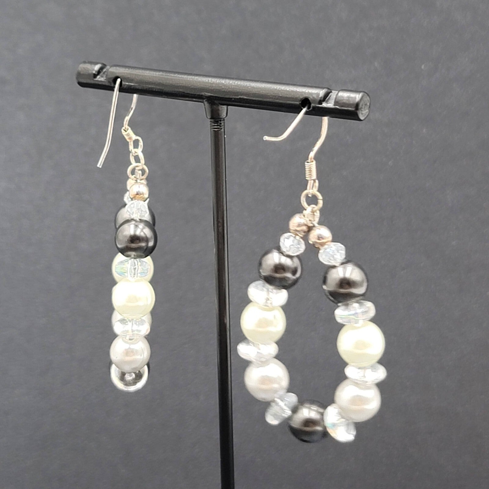 Pierced Earrings Black White Clear Beads Dangle Hoops Silver tone  1.75"