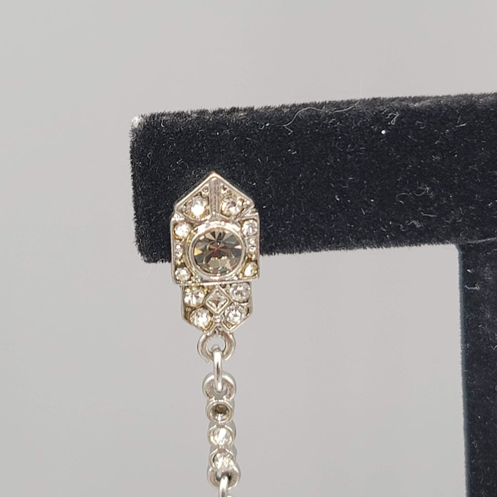 Long Pierced Earrings Smokey Teardrop Rhinestone Silver tone Dangle  3.5 in