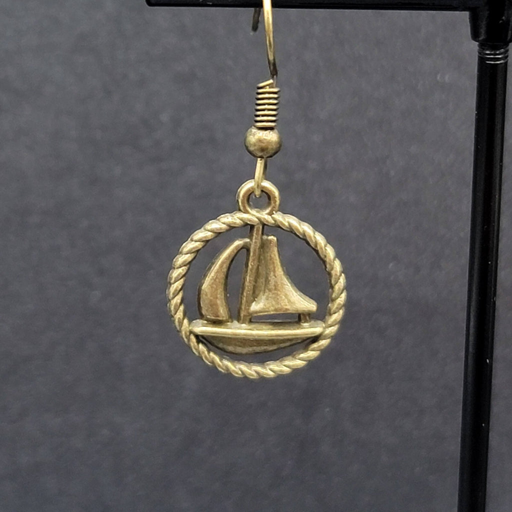 New Sailboat Pierced Earrings Bronze tone Ships Beach Sea Nautical Dangle 3/4"