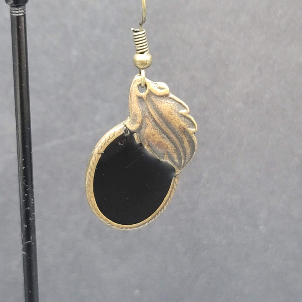 Pierced Earrings Bronze tone Black Enamel Leaf Design 1 1/8"