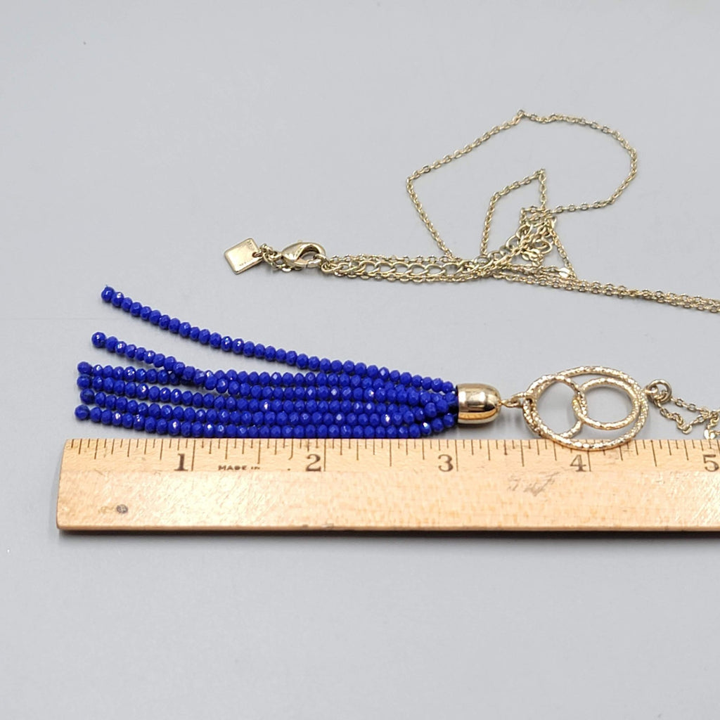 Blue Crystal Bead Tassel Pendant Necklace Gold tone LONG Chain 28"