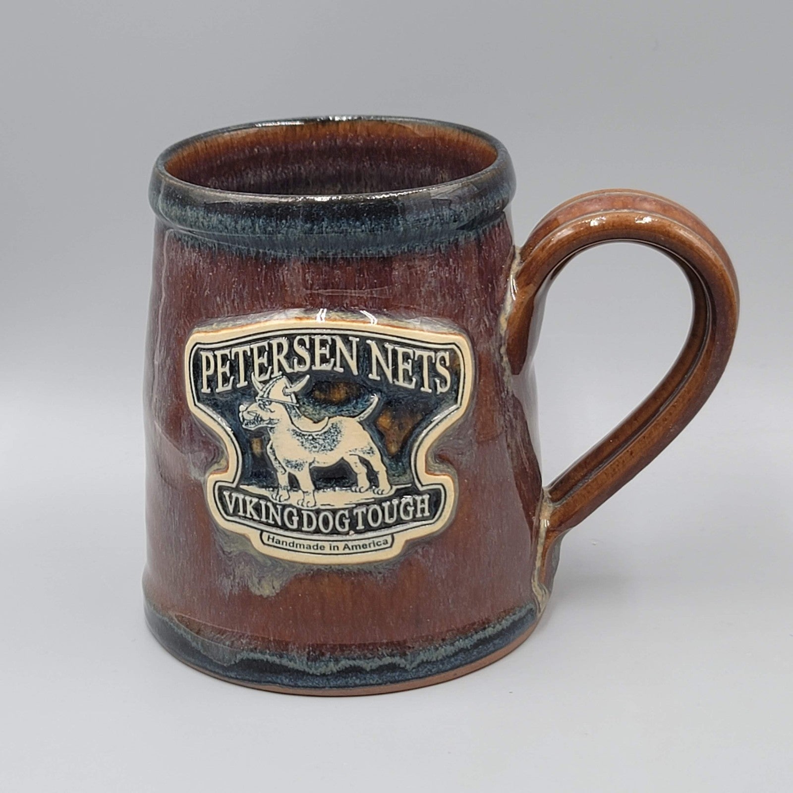 Petersen Nets Coffee Mug Viking Dog Tough Drip Glaze Pottery Signed