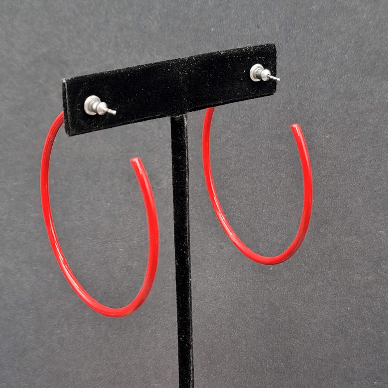 Pierced Earrings Red Enamel over Metal Large Skinny Hoops 2"