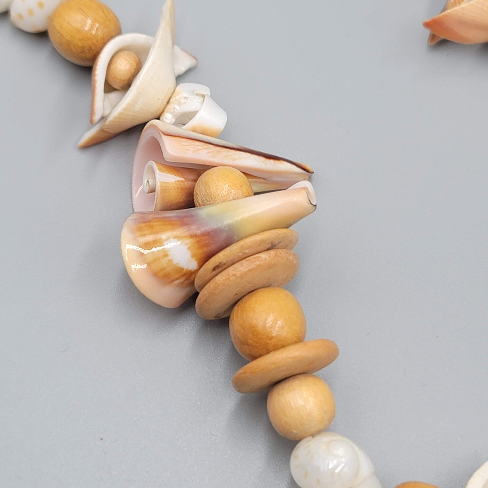 Vintage Necklace Wood Bead Shell Pieces LONG Unique Beach Summer 40"