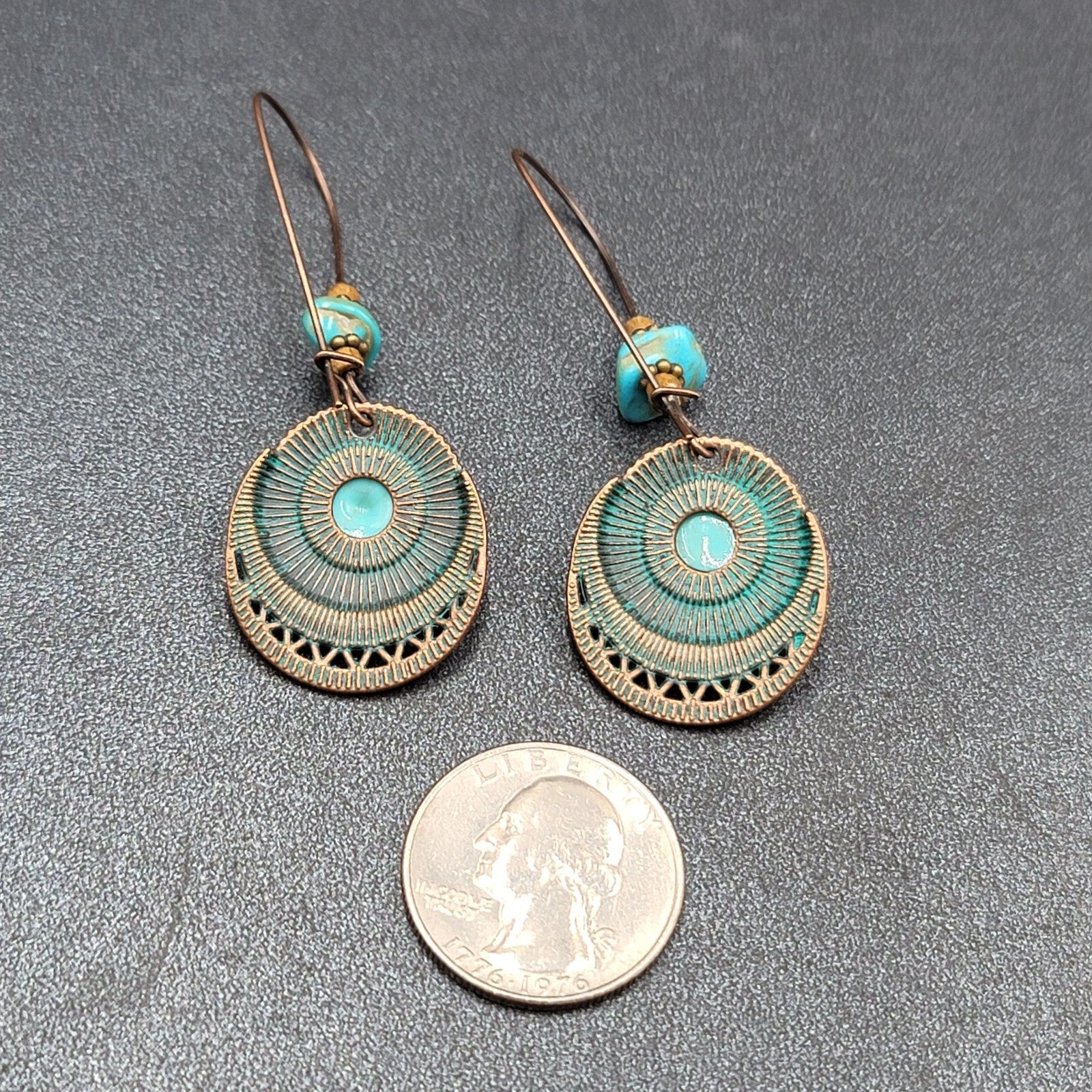 New Boho Pierced Earrings Faux Green Patina Copper tone Turquoise Bead 2.5"