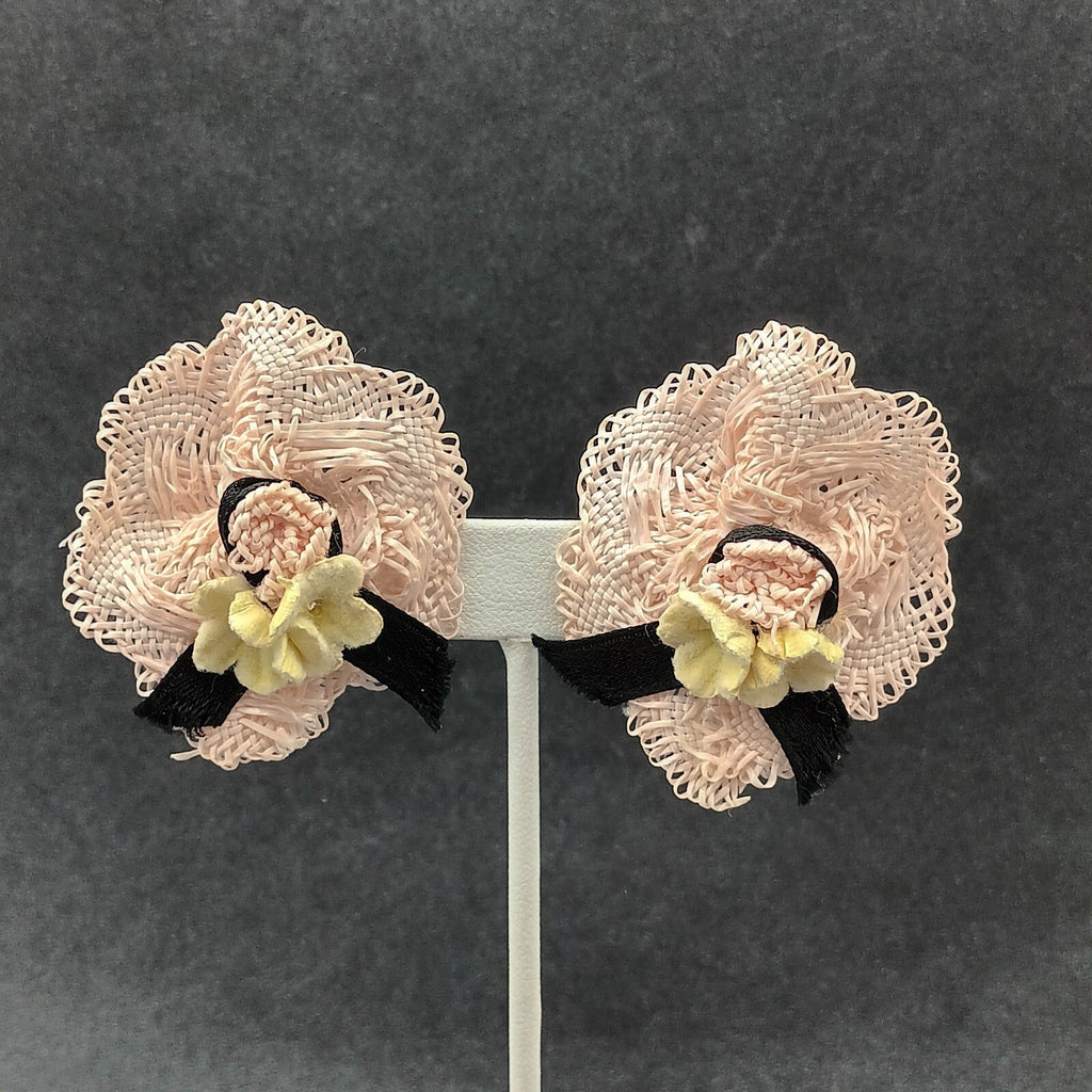 Vintage Clip on Earrings Pink Fabric Hat White Flower Statement Drop 2"