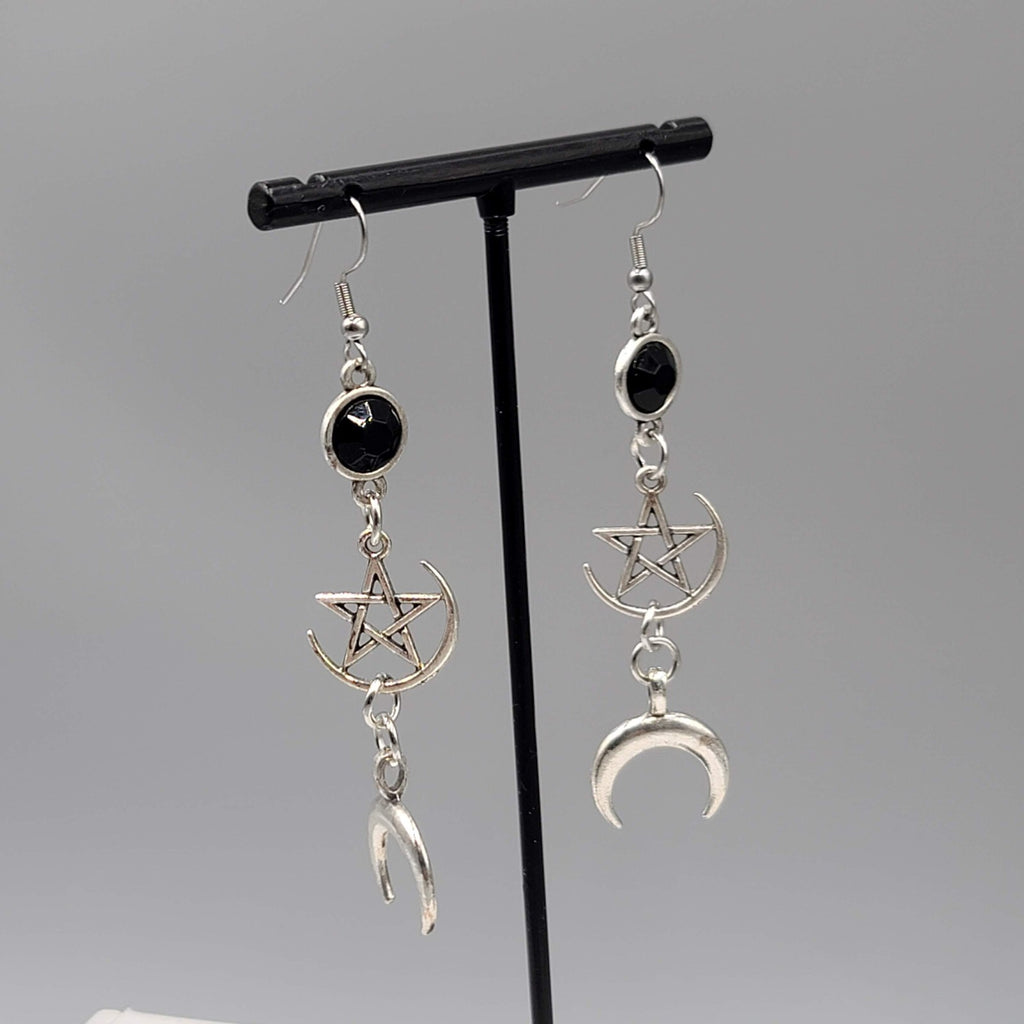 Pentagram Moon Pierced Earrings Black Accent Silver tone Long Dangle 2.5"