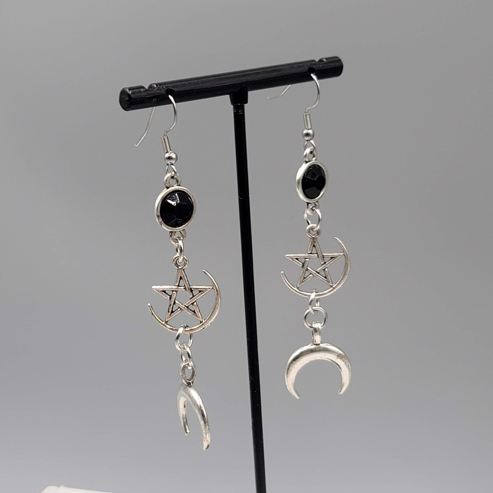 Pentagram Moon Pierced Earrings Black Accent Silver tone Long Dangle 2.5"