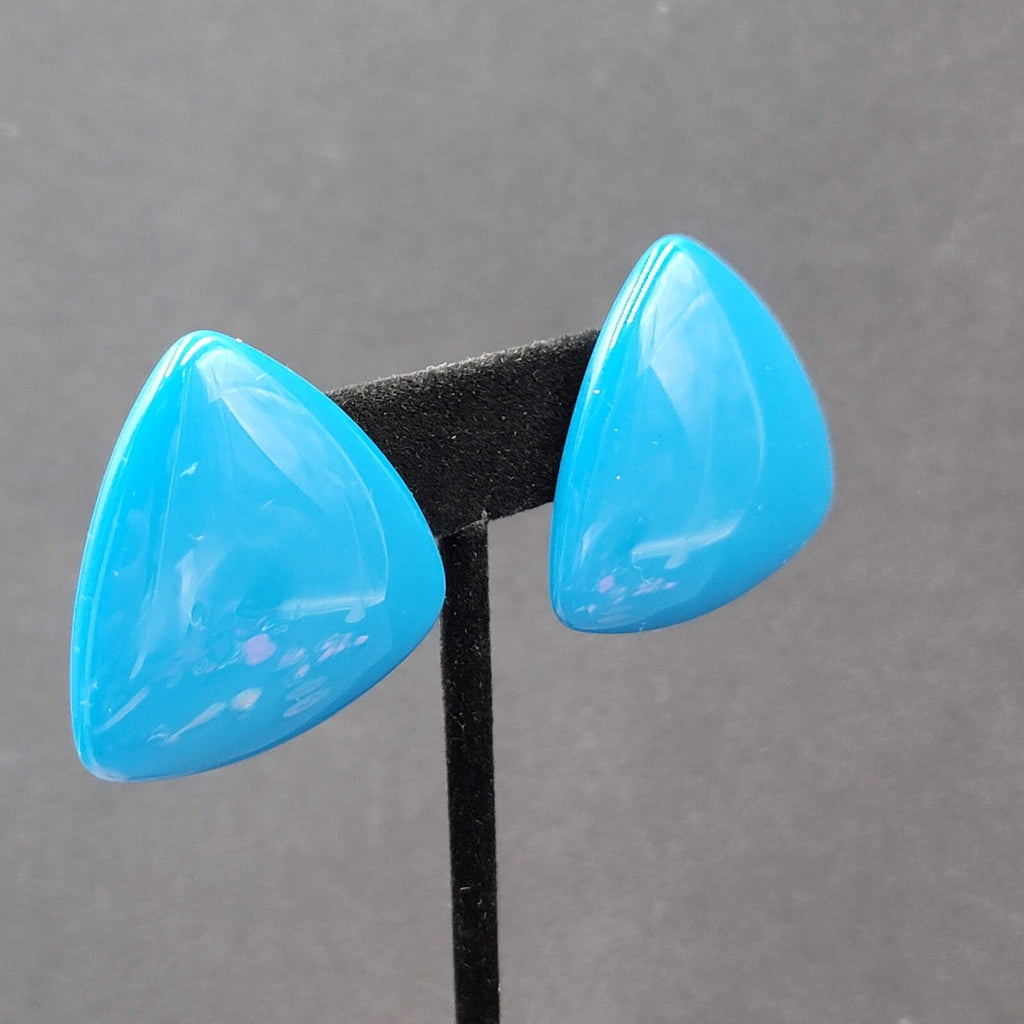 Vintage Clip on Earrings Blue Acrylic Triangle Statement Drop 1 3/8"