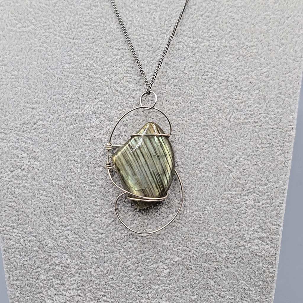 Labradorite Wire Wrapped Pendant Necklace Silver tone 24 in