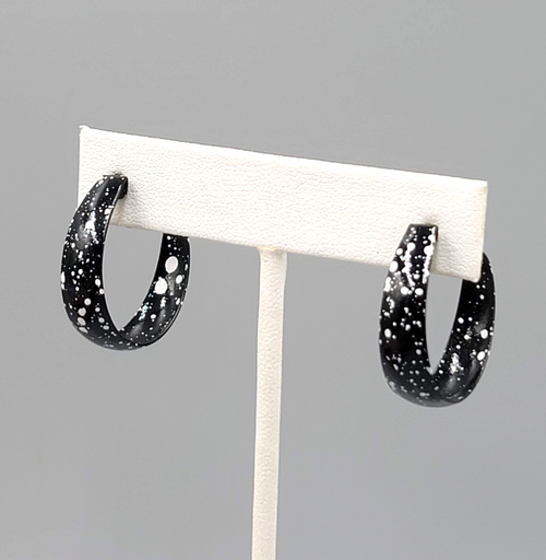 Black White Speckle Enamel Hoops Pierced Earrings 1 1/8 in