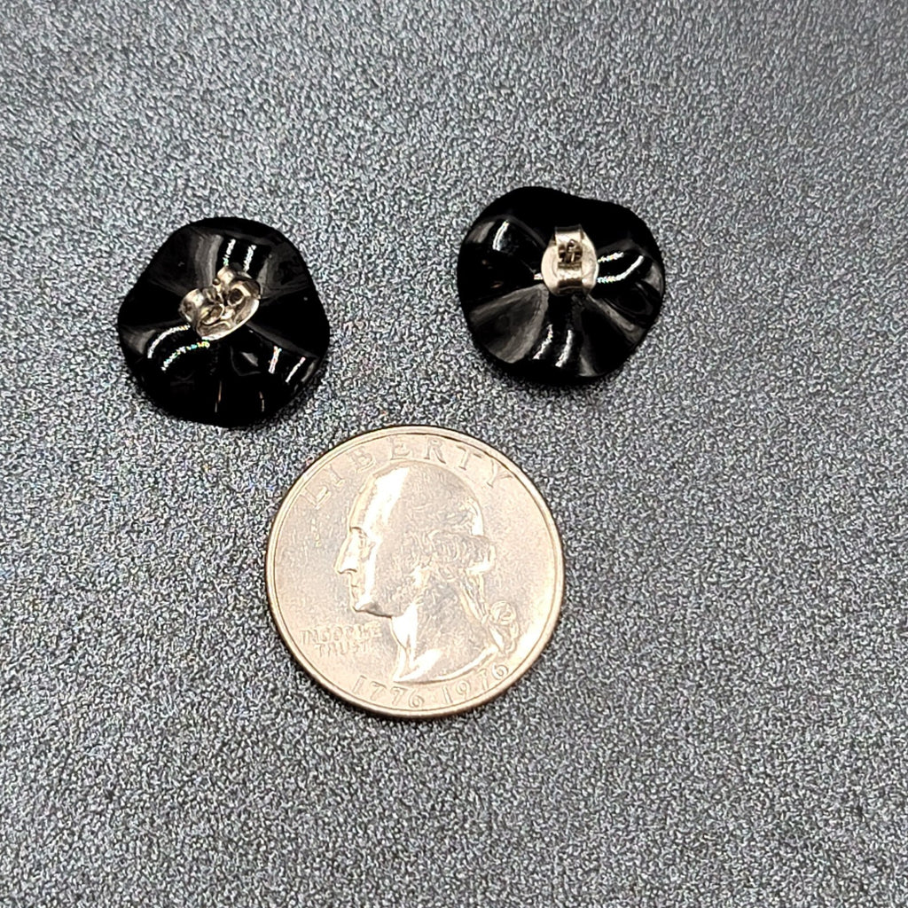 Vintage Pierced Earrings Black Enamel Wavy Round Studs 5/8"