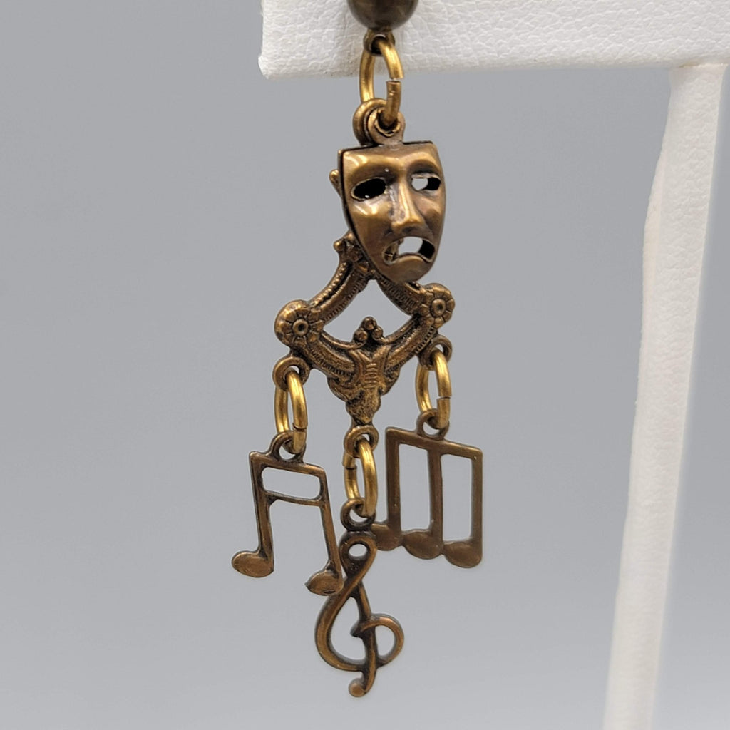 Vintage Music Drama Theme Pierced Earrings Bronze tone Dangle 2 in