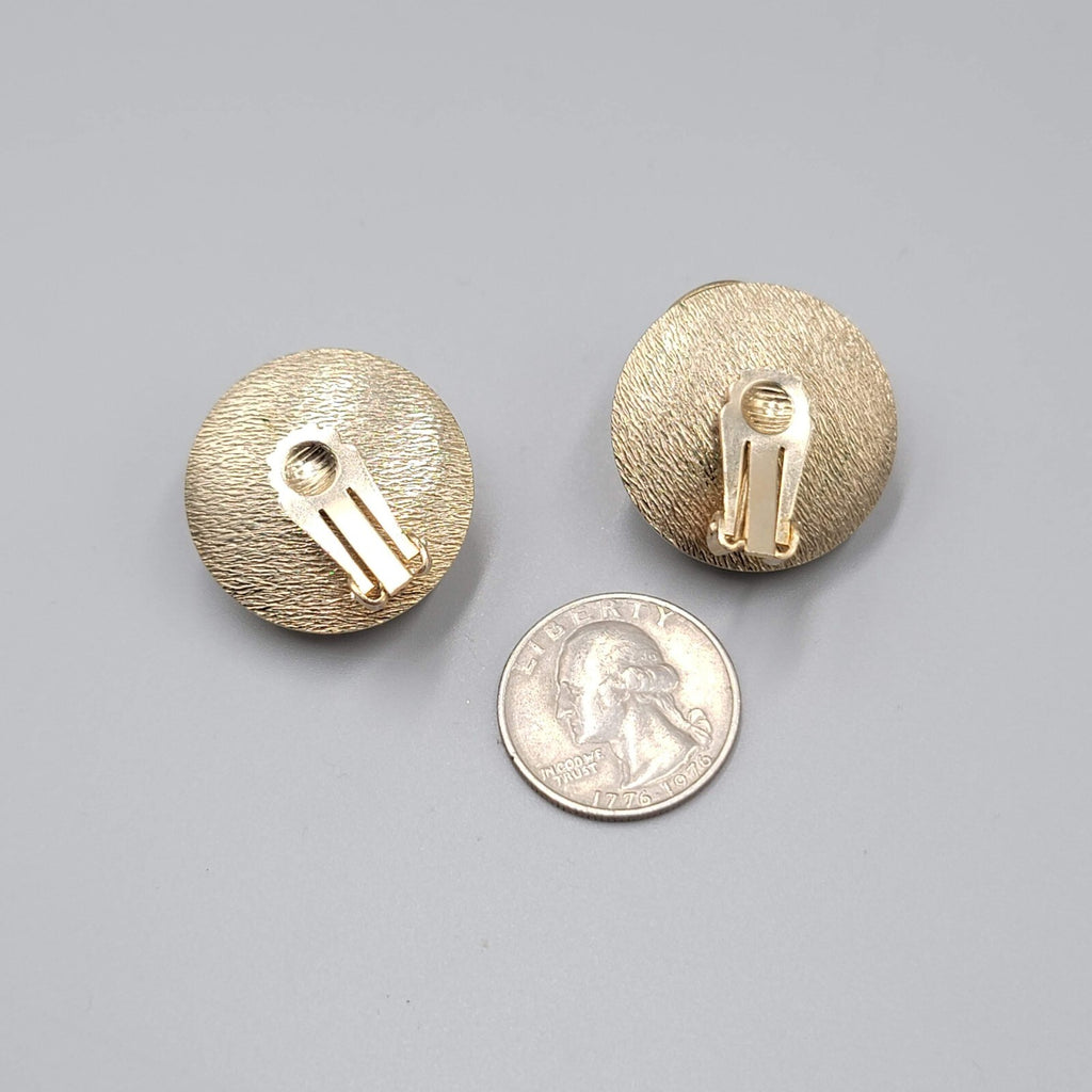 Vintage Clip on Earrings Gold tone White Cabochon Round Statement 1 1/8"