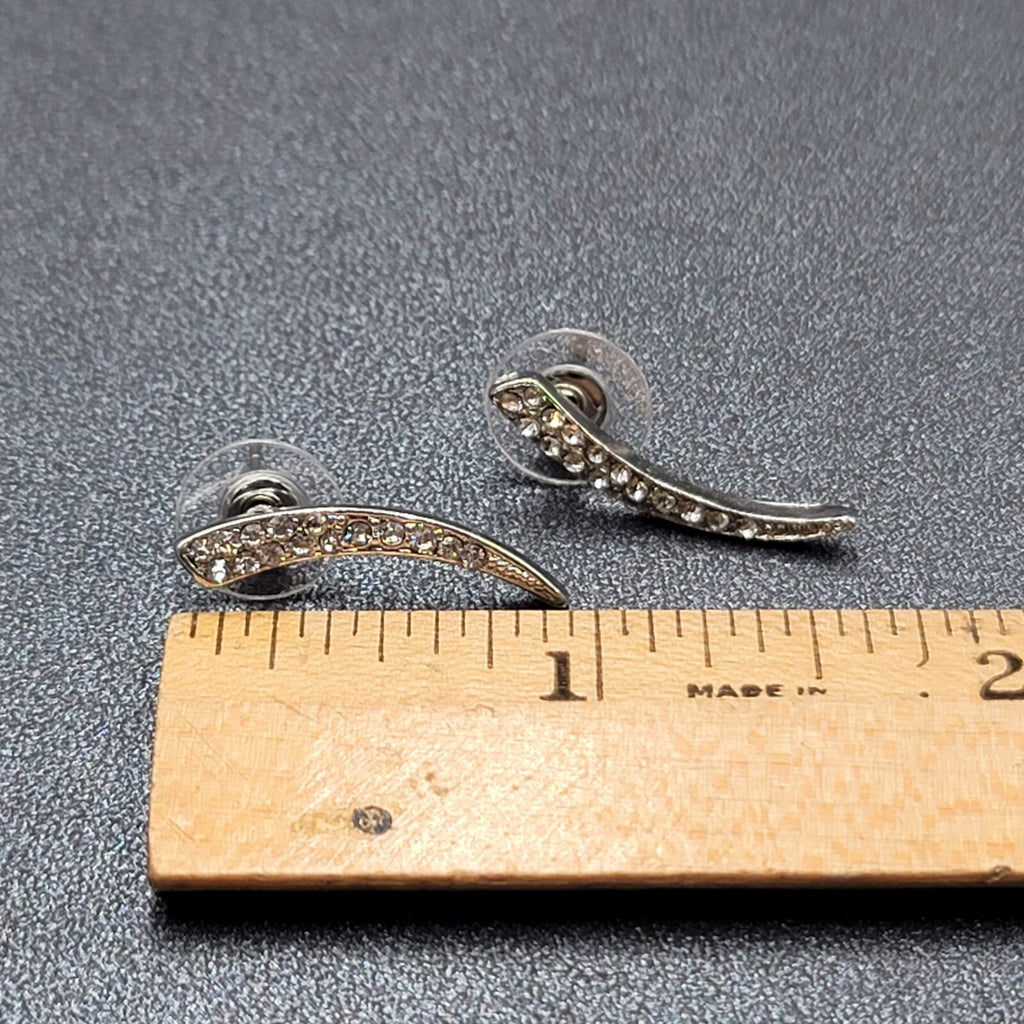 Pierced Earrings Silver tone Clear Rhinestone Drop 1"