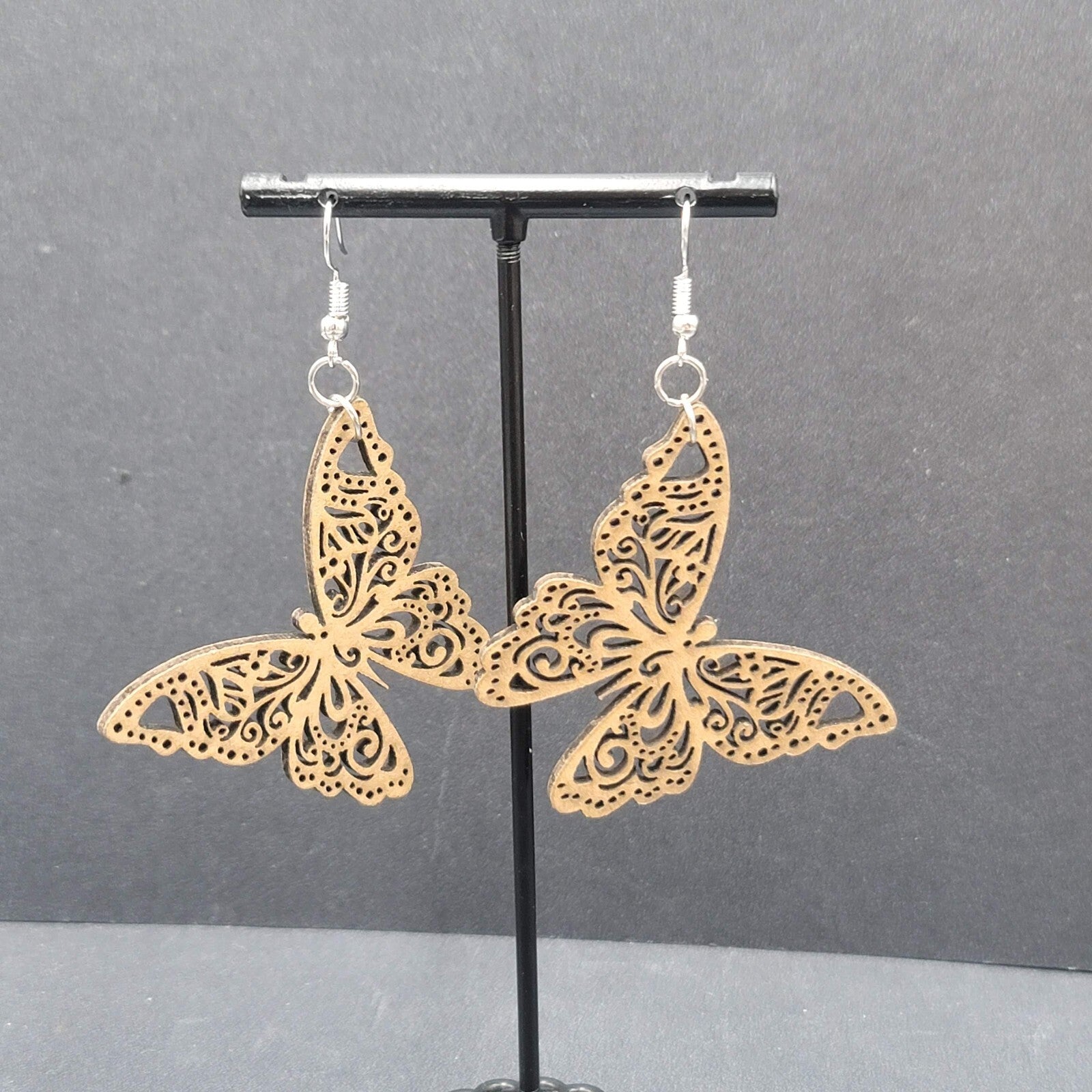 Butterfly Pierced Earrings Wood Cut Open Work Dangle 1 5/8"