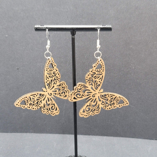 Butterfly Pierced Earrings Wood Cut Open Work Dangle 1 5/8"