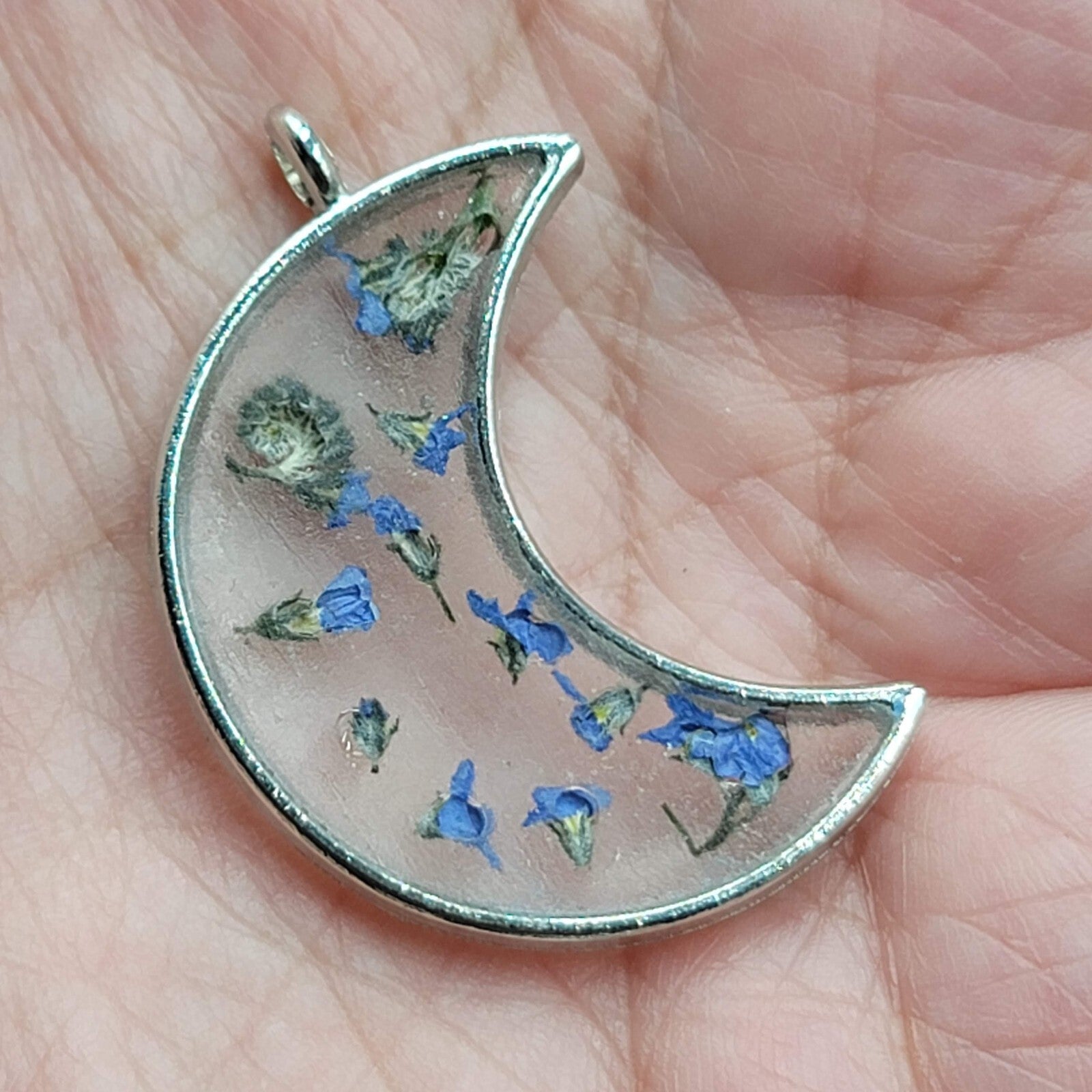 Cat Moon Necklace Silver tone Real Flower Resin Pendants 2 & one chain 18"