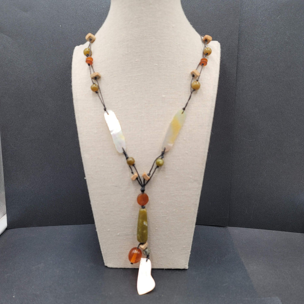 Necklace Glass Bead Shell Gemstone Bead on Black Cord 21"