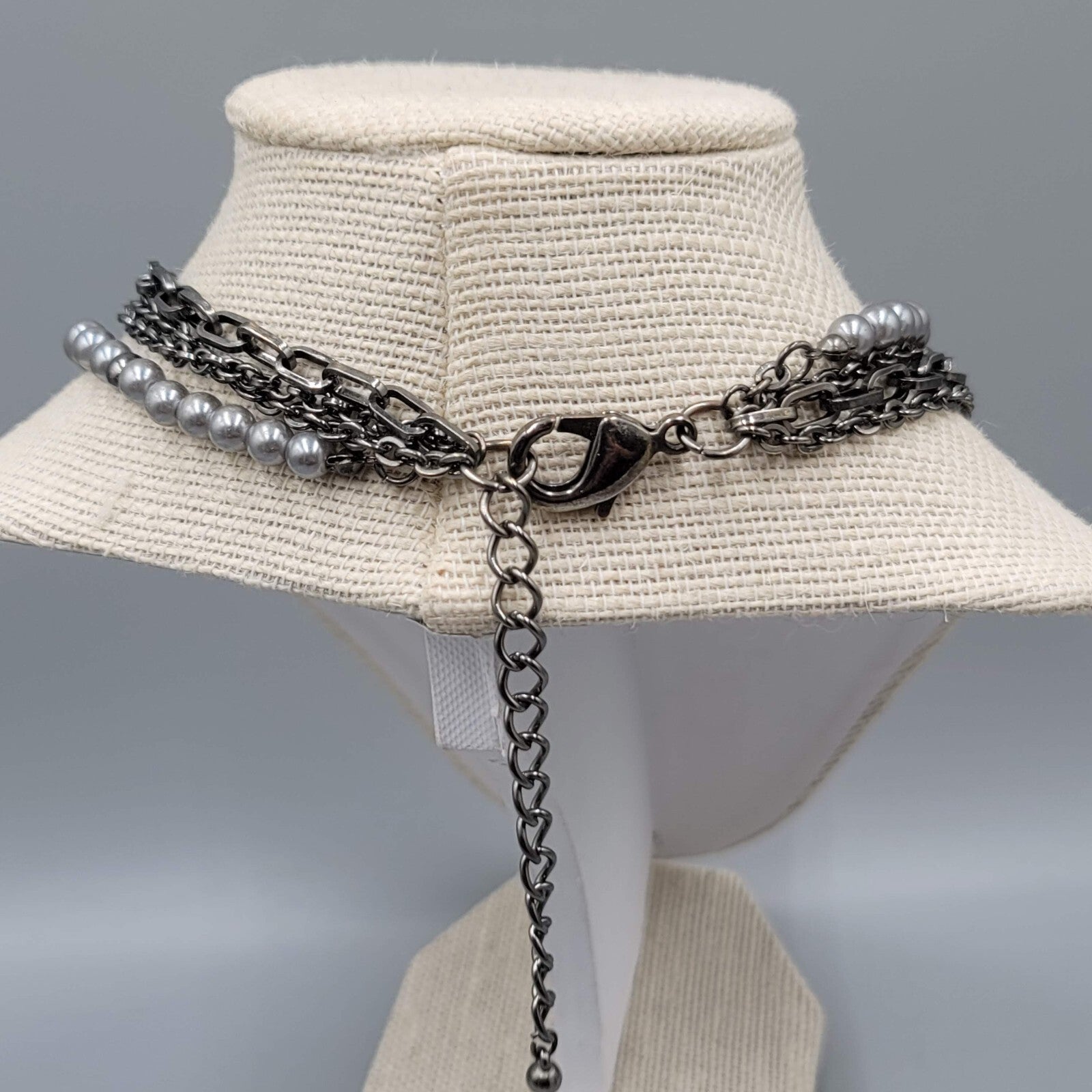 Black Metal Chains Gray Faux Pearl Necklace  Multi Strand 16"-19"
