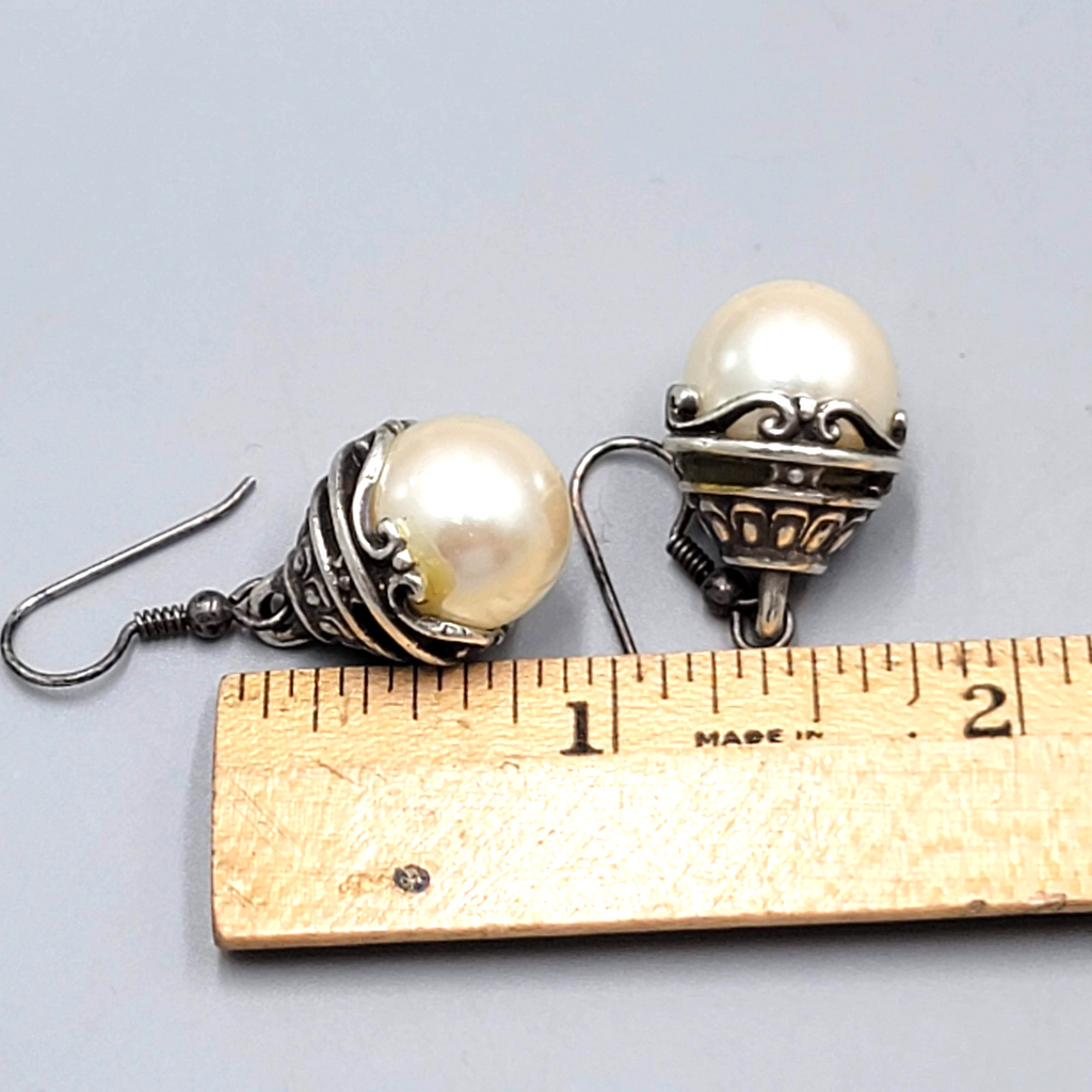 Oxidized Silver tone Faux Pearl Pierced Earrings Dangle 7/8"