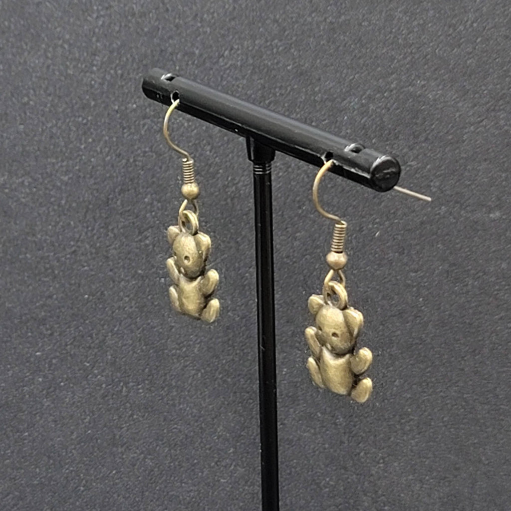 Teddy Bear Pierced Earrings Bronze tone Embossed Dangle New 3/4"