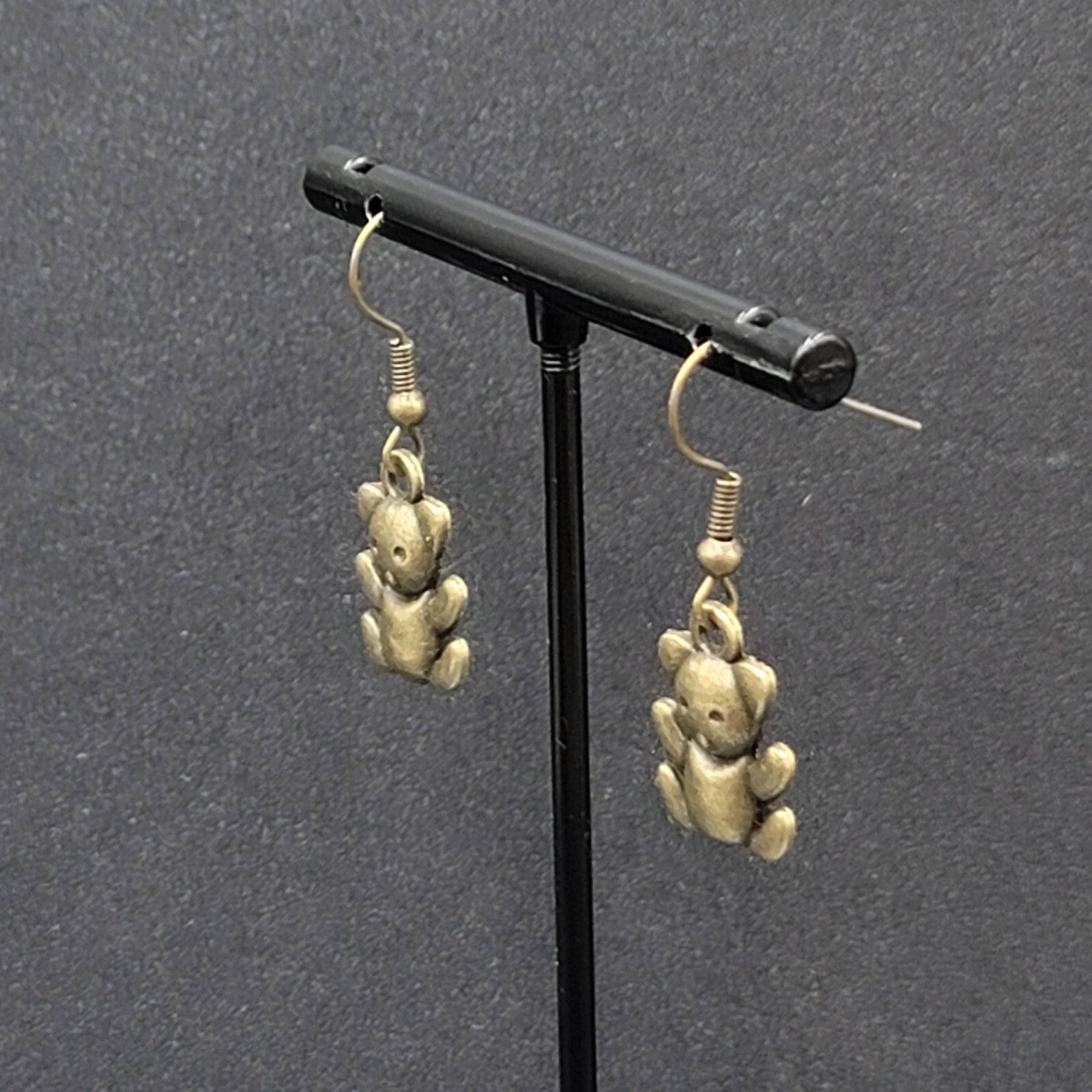 Teddy Bear Pierced Earrings Bronze tone Embossed Dangle New 3/4"