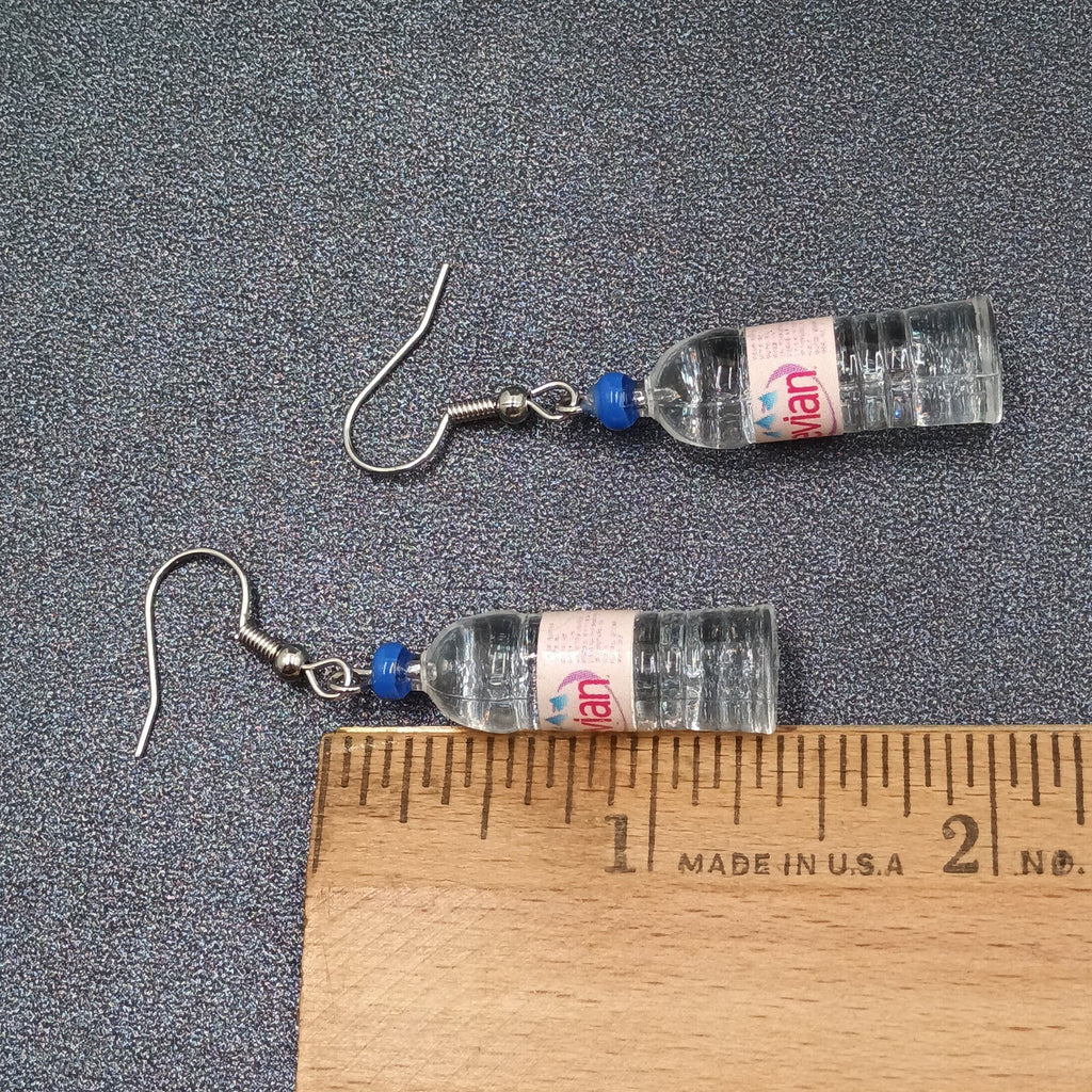 Evian Water Bottle Pierced Earrings  Silver tone Acrylic Miniature Dangle 1 1/4"