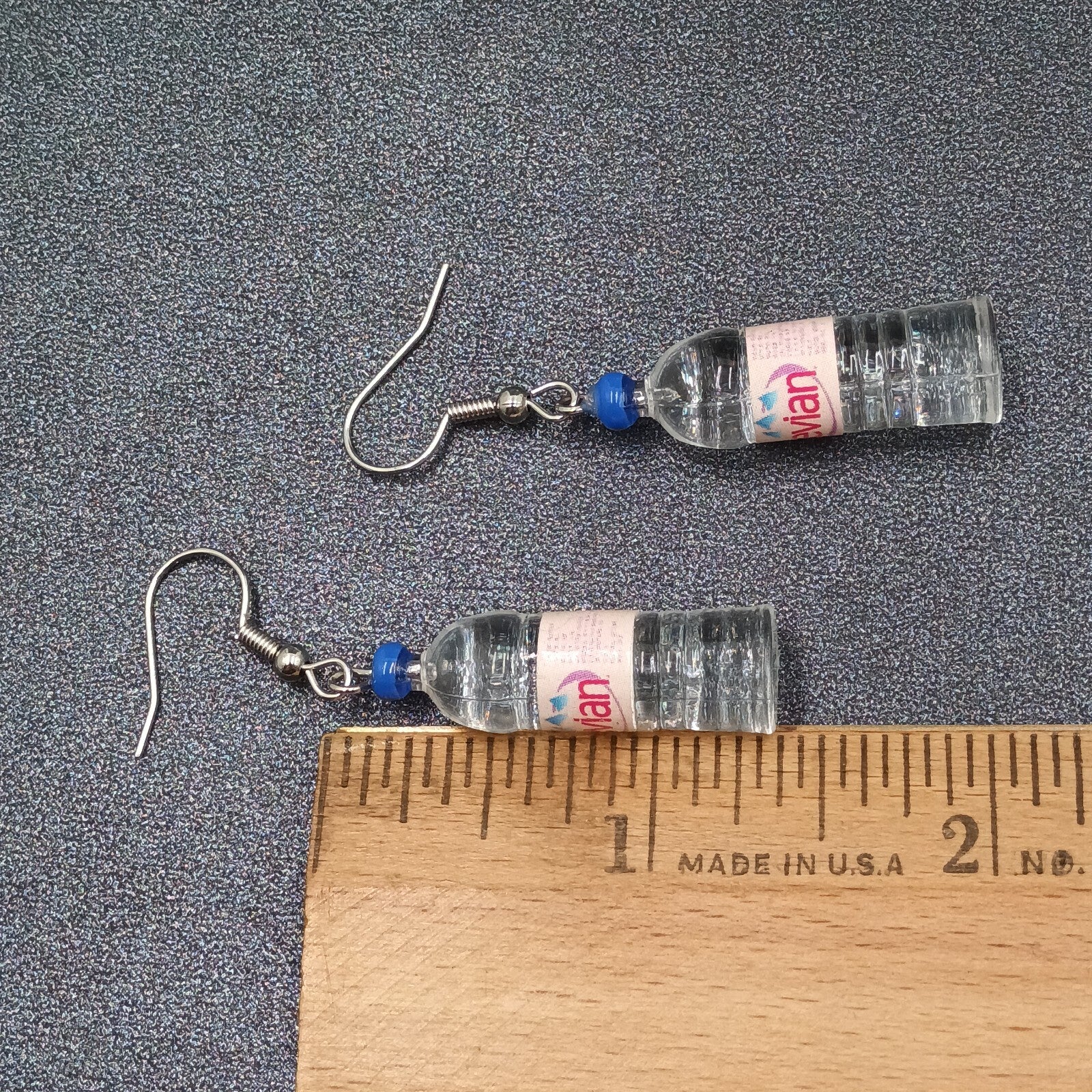 Evian Water Bottle Pierced Earrings  Silver tone Acrylic Miniature Dangle 1 1/4"