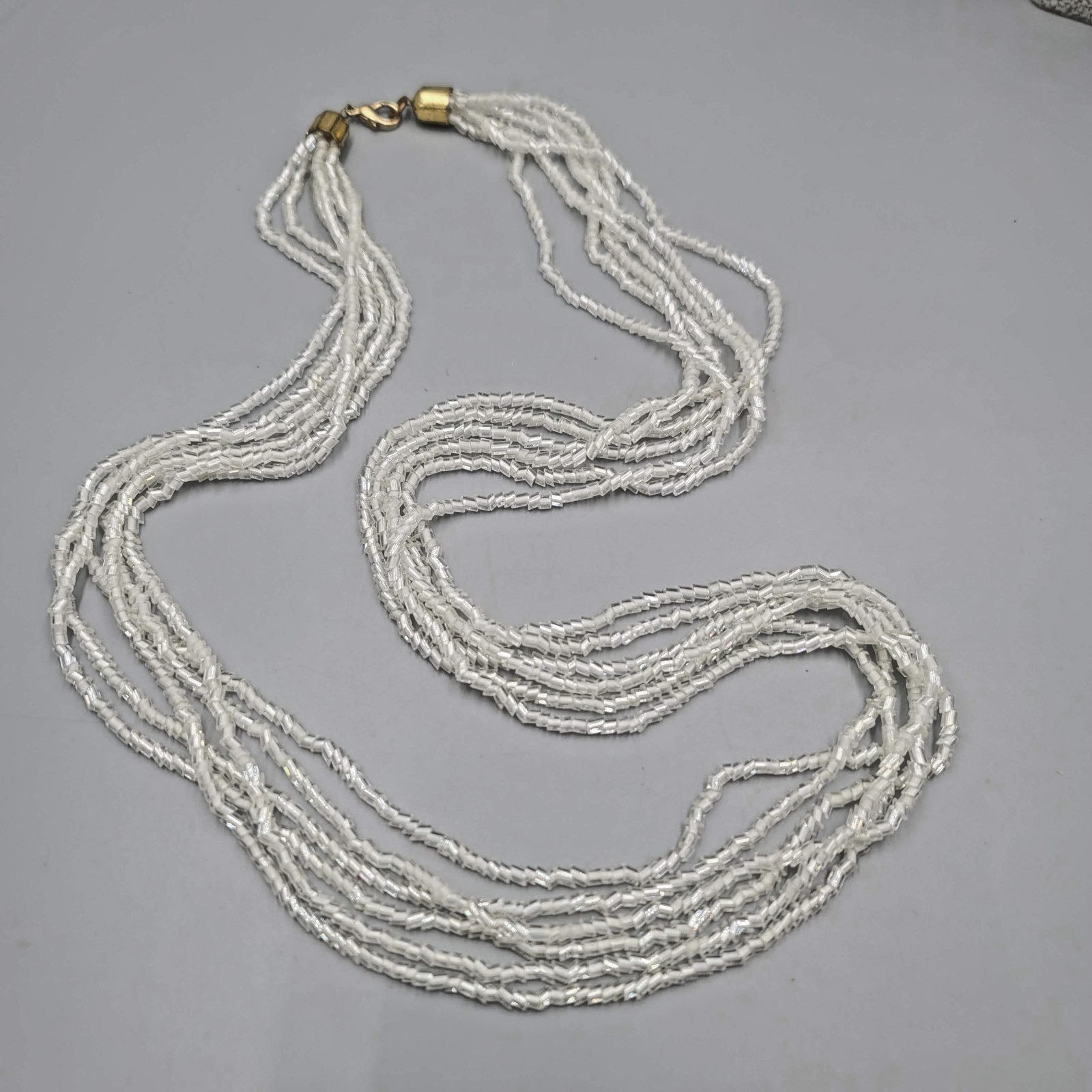Vintage 6 Strand White Beaded Necklace Long 30"