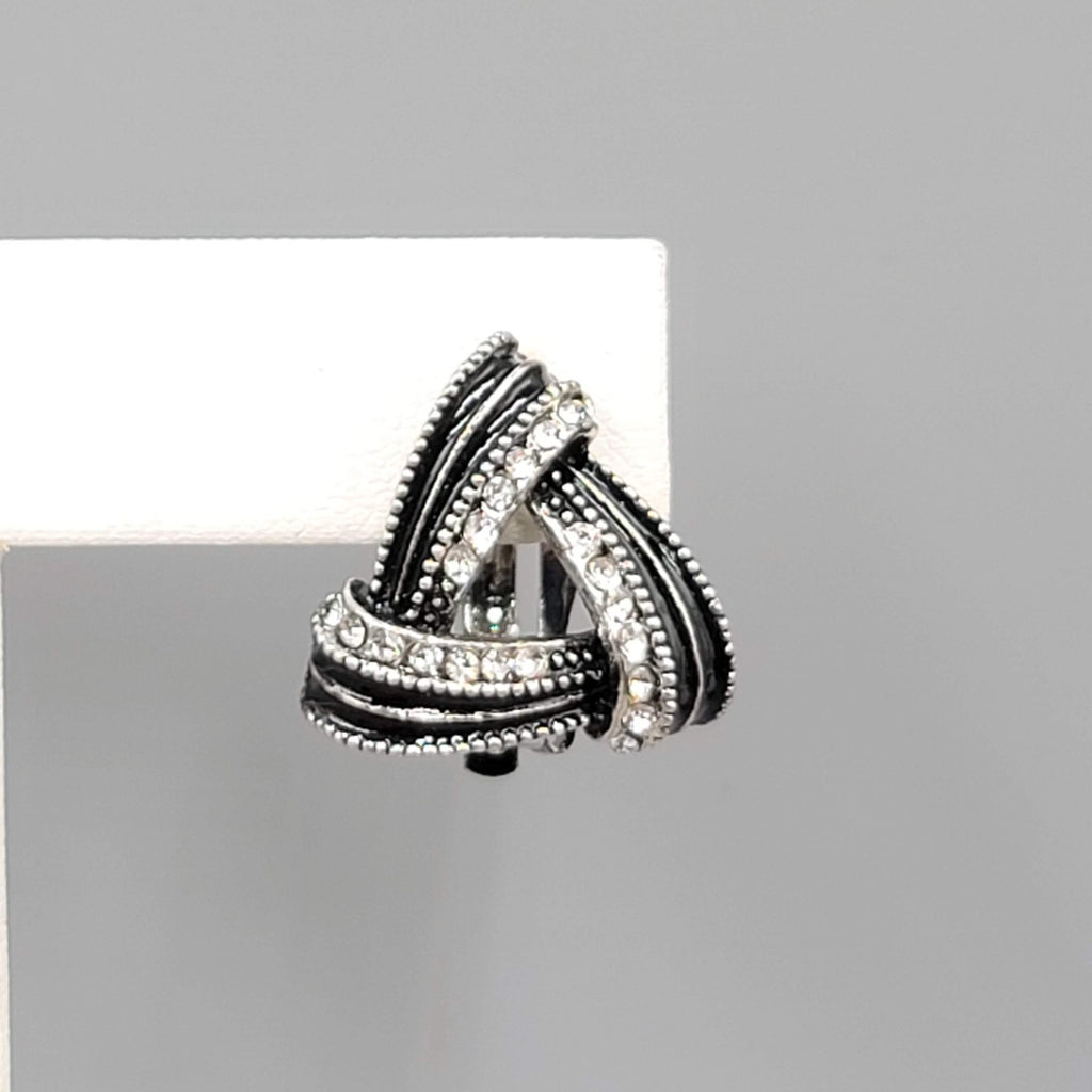 Black Enamel Open Triangle Rhinestone Clip on Earrings Silver tone 3/4"