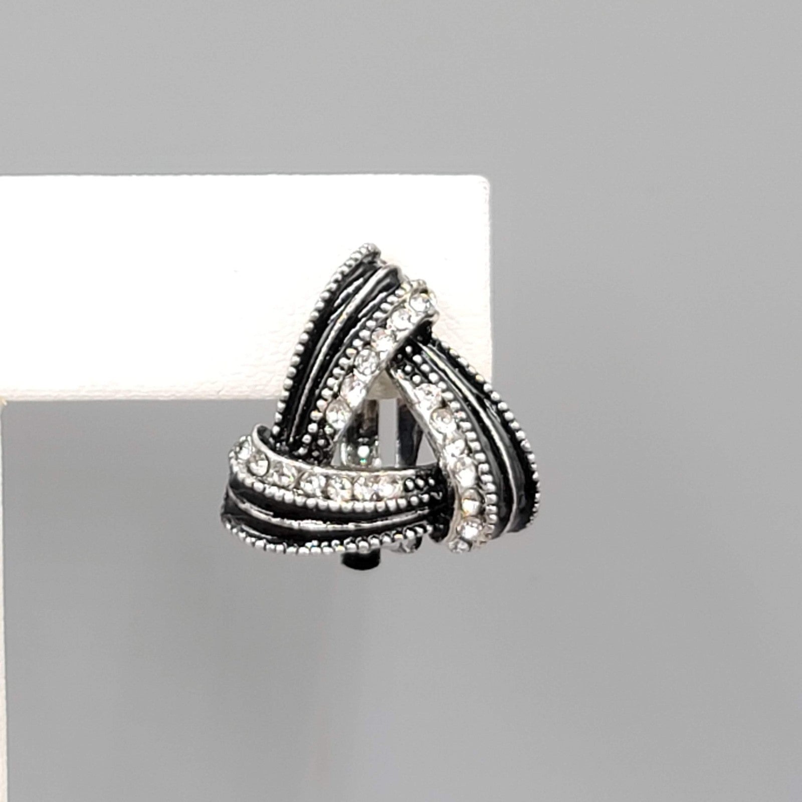 Black Enamel Open Triangle Rhinestone Clip on Earrings Silver tone 3/4"