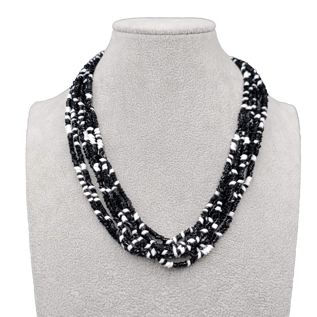 Vintage Black White Glass Bead Necklace Multi Strand 18"