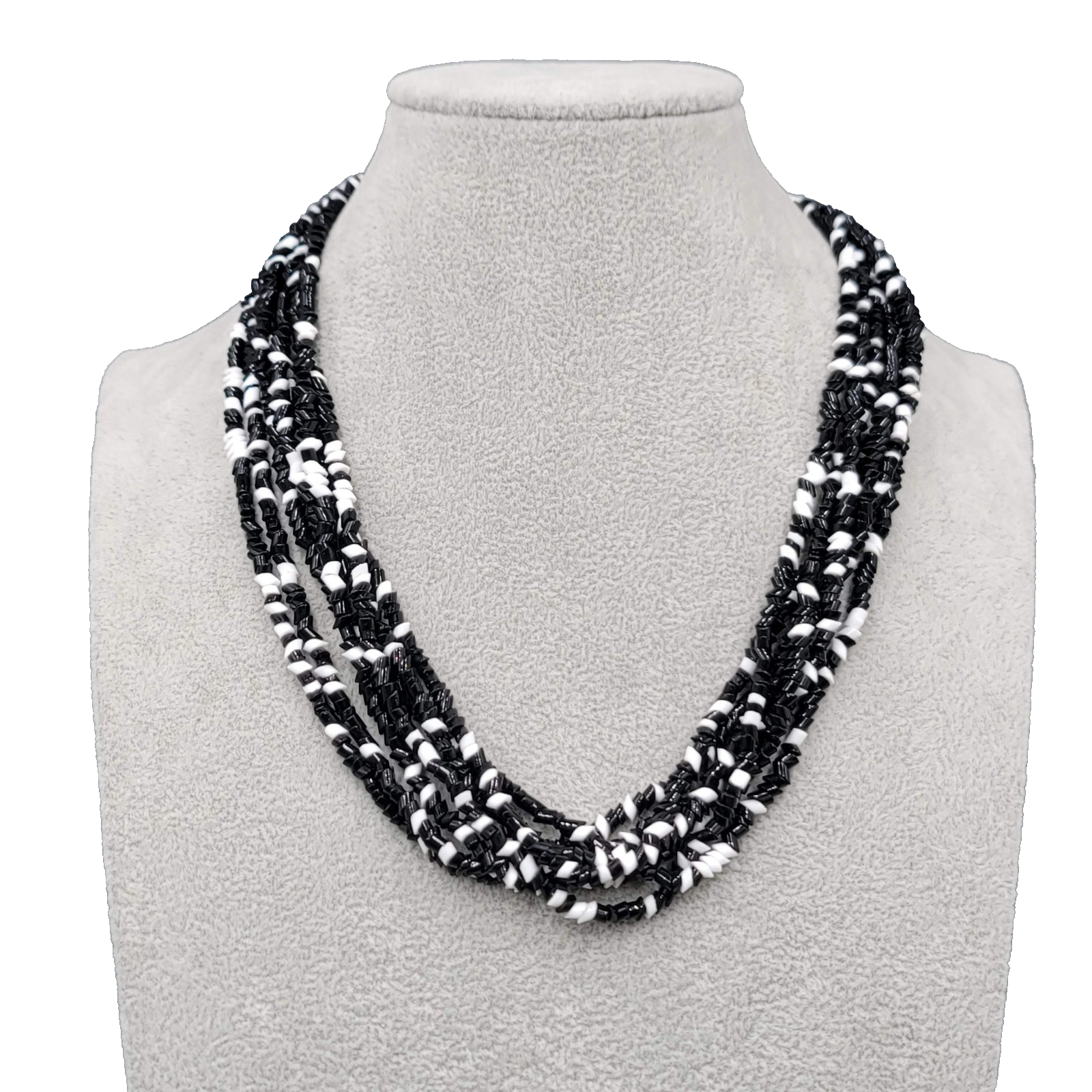 Vintage Black White Glass Bead Necklace Multi Strand 18"