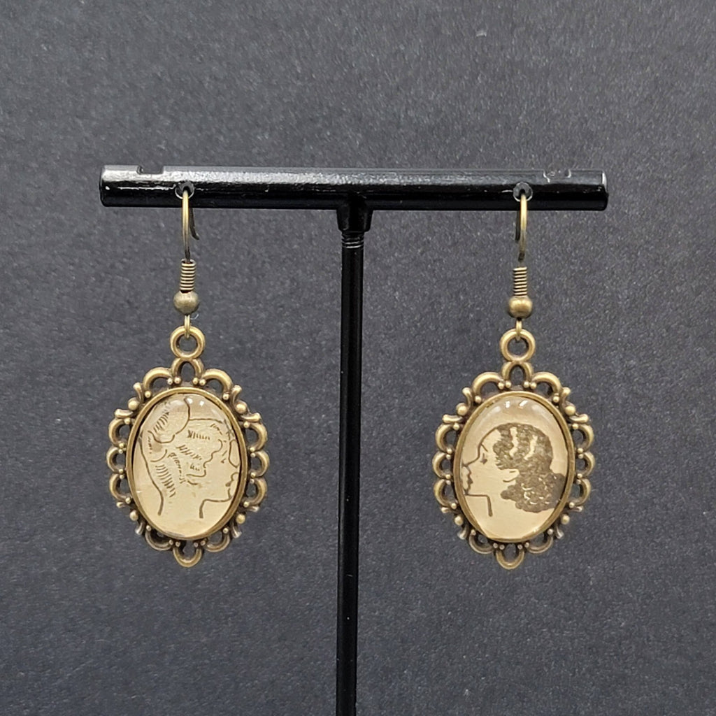 Pierced Earrings Bronze tone Glass Cabochon Updo Ladies Antique Drawings 1.25"