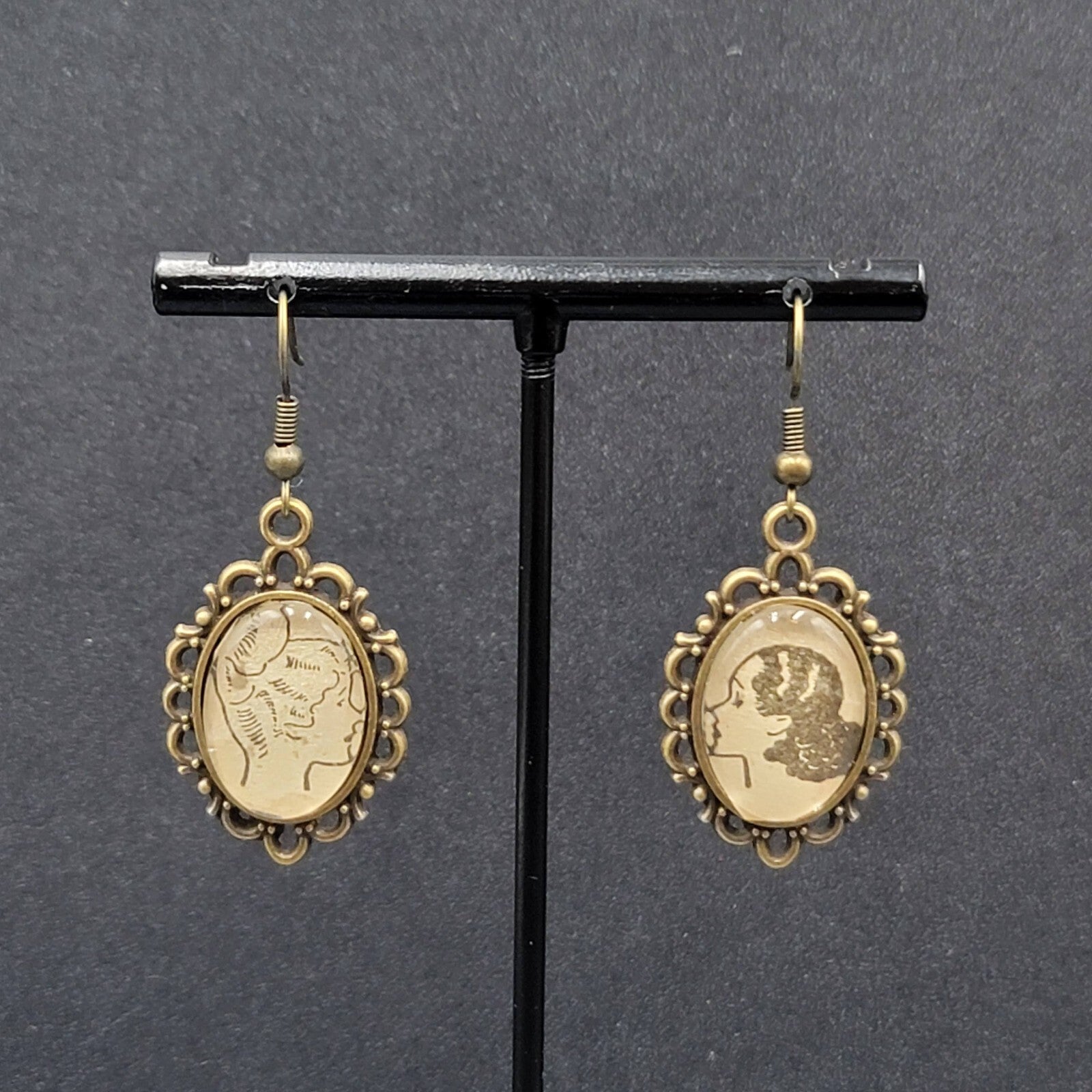 Pierced Earrings Bronze tone Glass Cabochon Updo Ladies Antique Drawings 1.25"