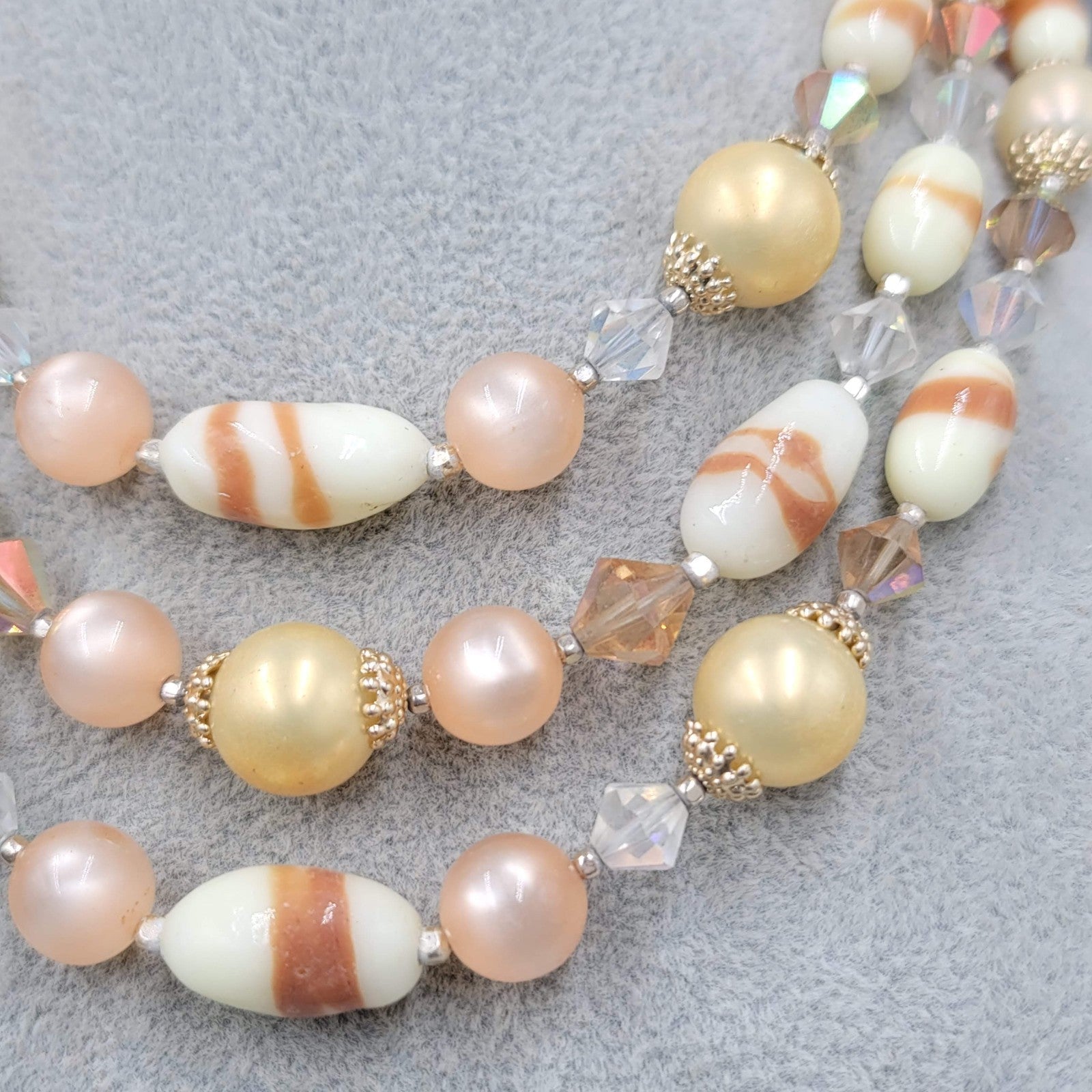 Vintage Triple Strand Necklace Beige Glass Moonstone Gold tone 