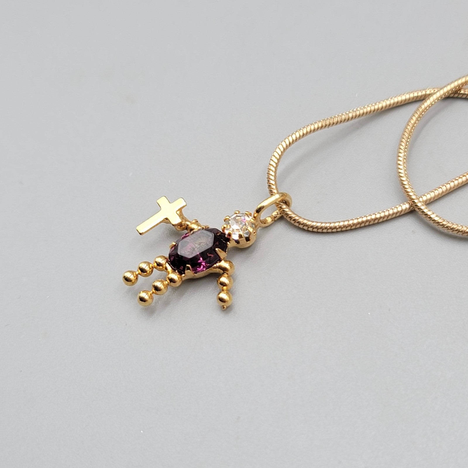 Vintage Purple Birthstone Boy Cross Pendant Gold Tone Necklace 24" Chain
