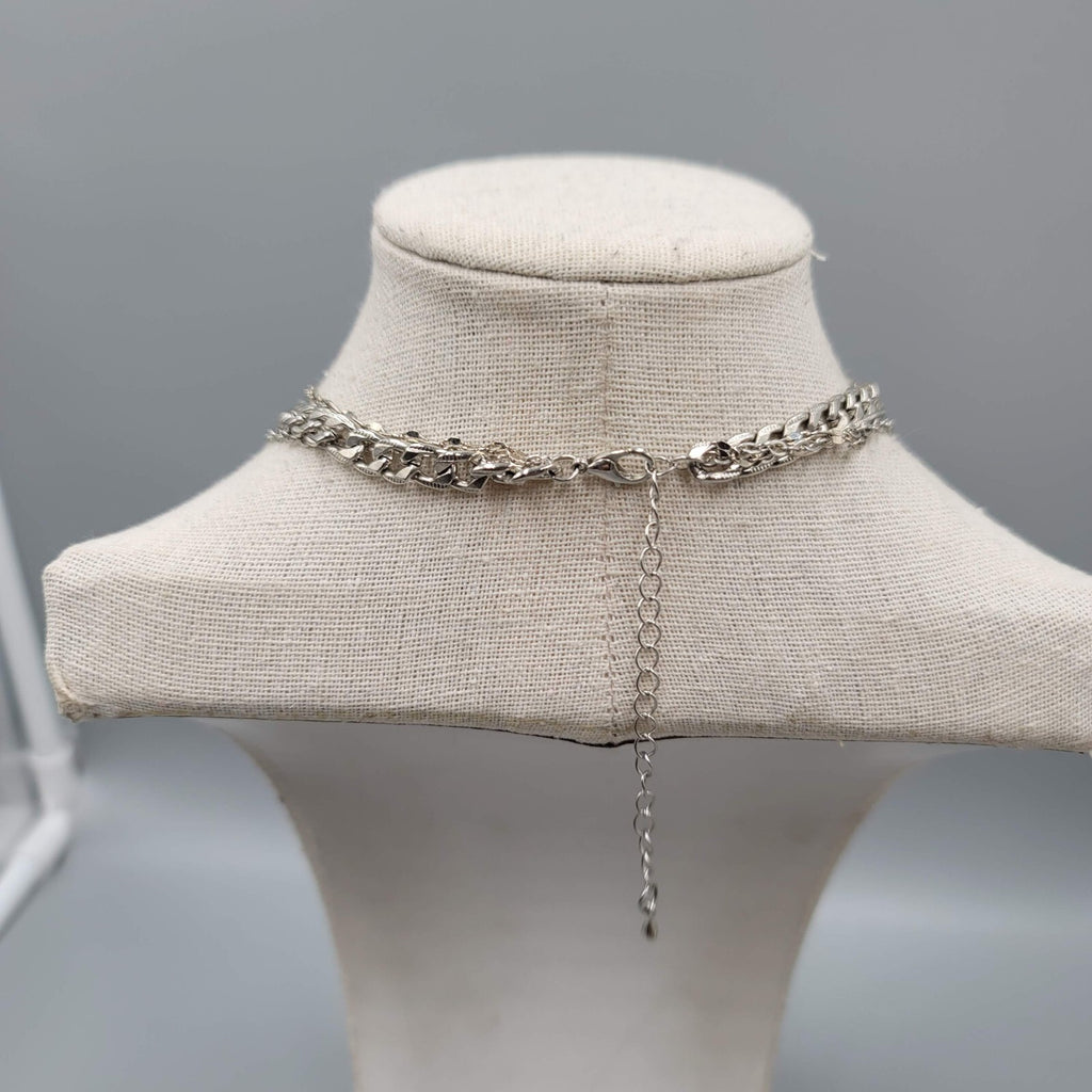 Choker Layered Chain Necklace Silver tone Chains Rhinestones 12"-15" & 21"+