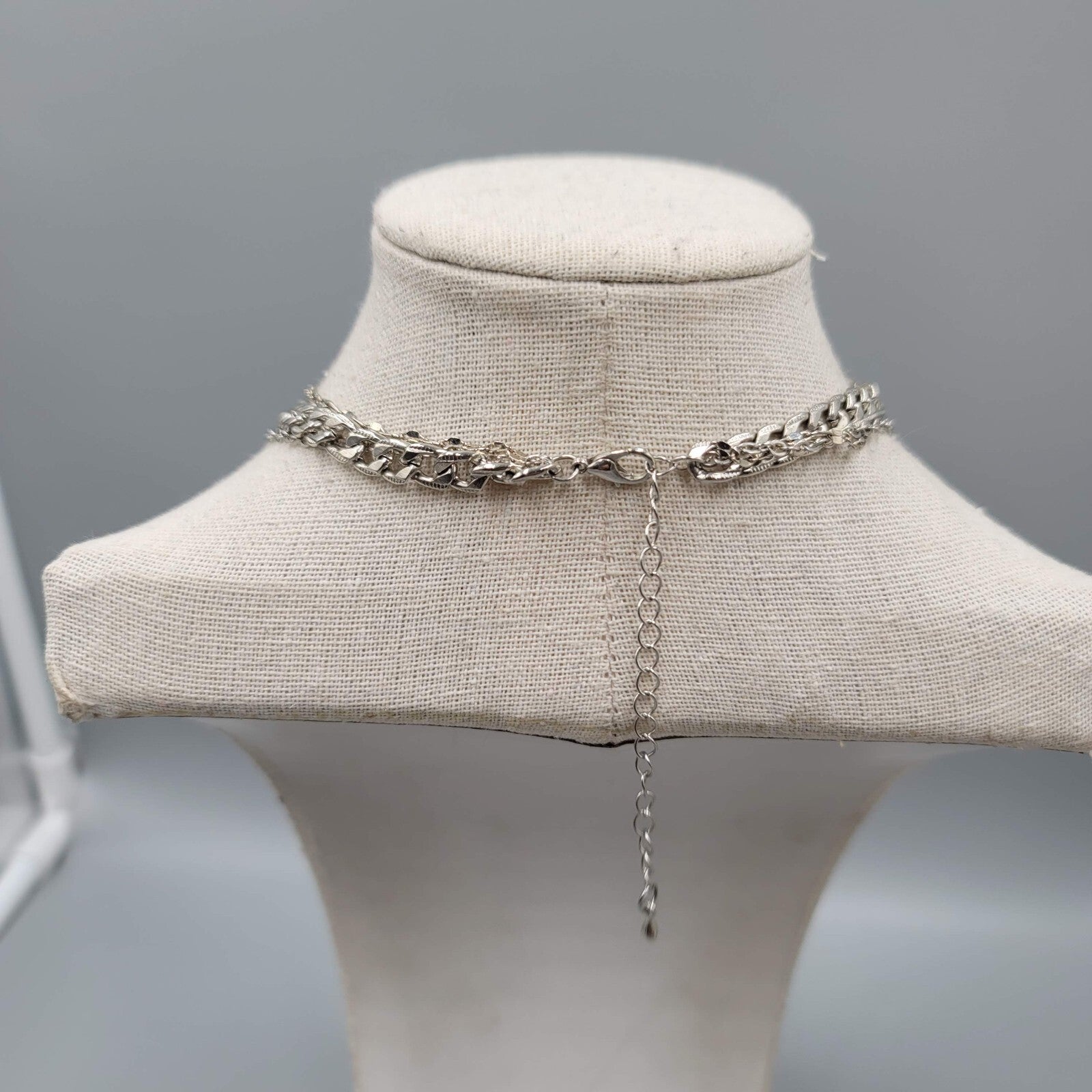 Choker Layered Chain Necklace Silver tone Chains Rhinestones 12"-15" & 21"+